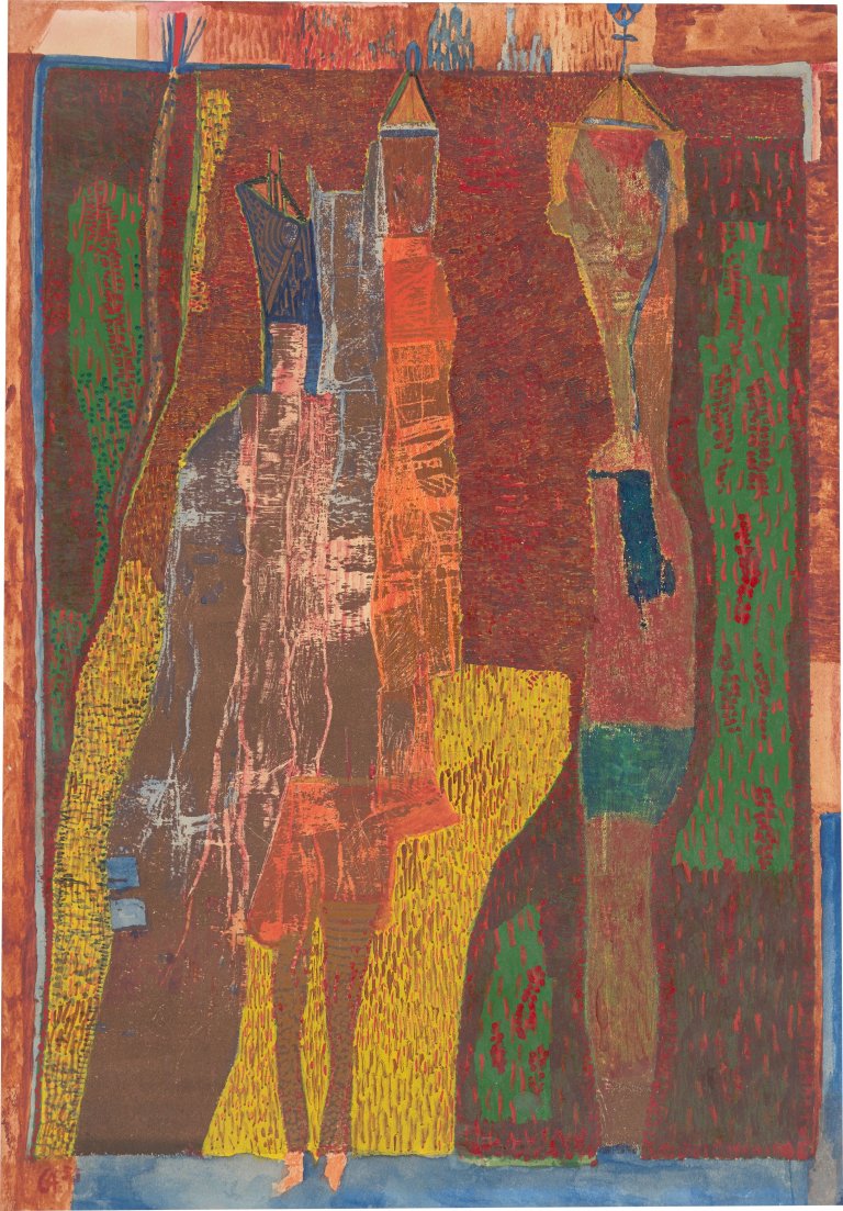 Auf diesem Bild ist das folgende Kunstwerk zu sehen: Gerhard Altenbourg. „Figuren im Feuerlaub“. 1955.