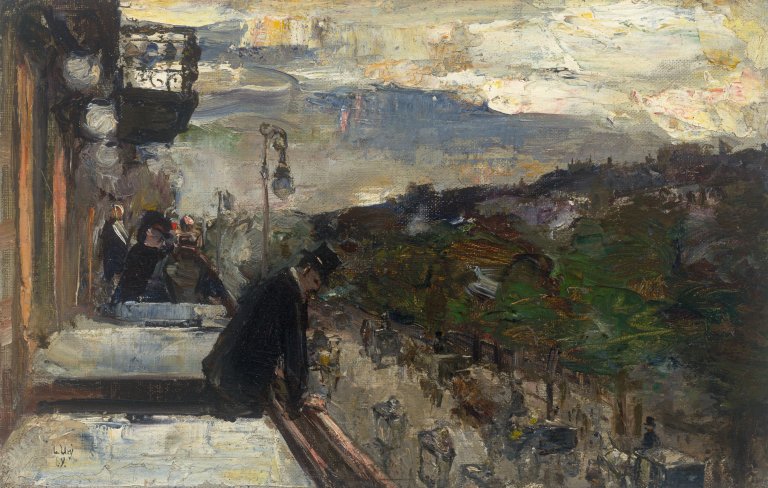 This picture shows the following artwork: Lesser Ury. ”Auf dem Balkon des Café Bauer, Berlin”. 1889.
