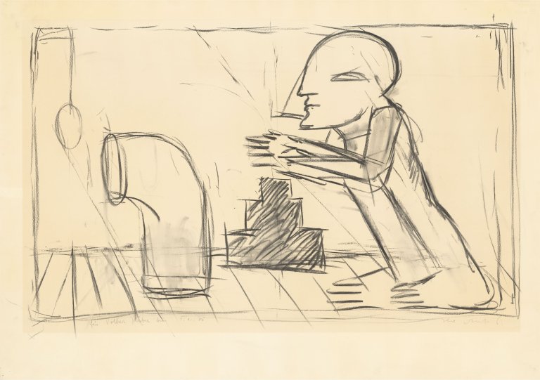 Auf diesem Bild ist das folgende Kunstwerk zu sehen: Horst Antes. „Das Ei des Piero della Francesca“. 1974/75.