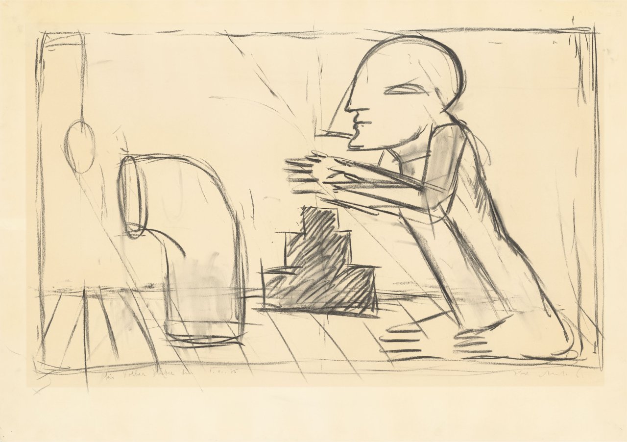 Auf diesem Bild ist das folgende Kunstwerk zu sehen: Horst Antes. „Das Ei des Piero della Francesca“. 1974/75.