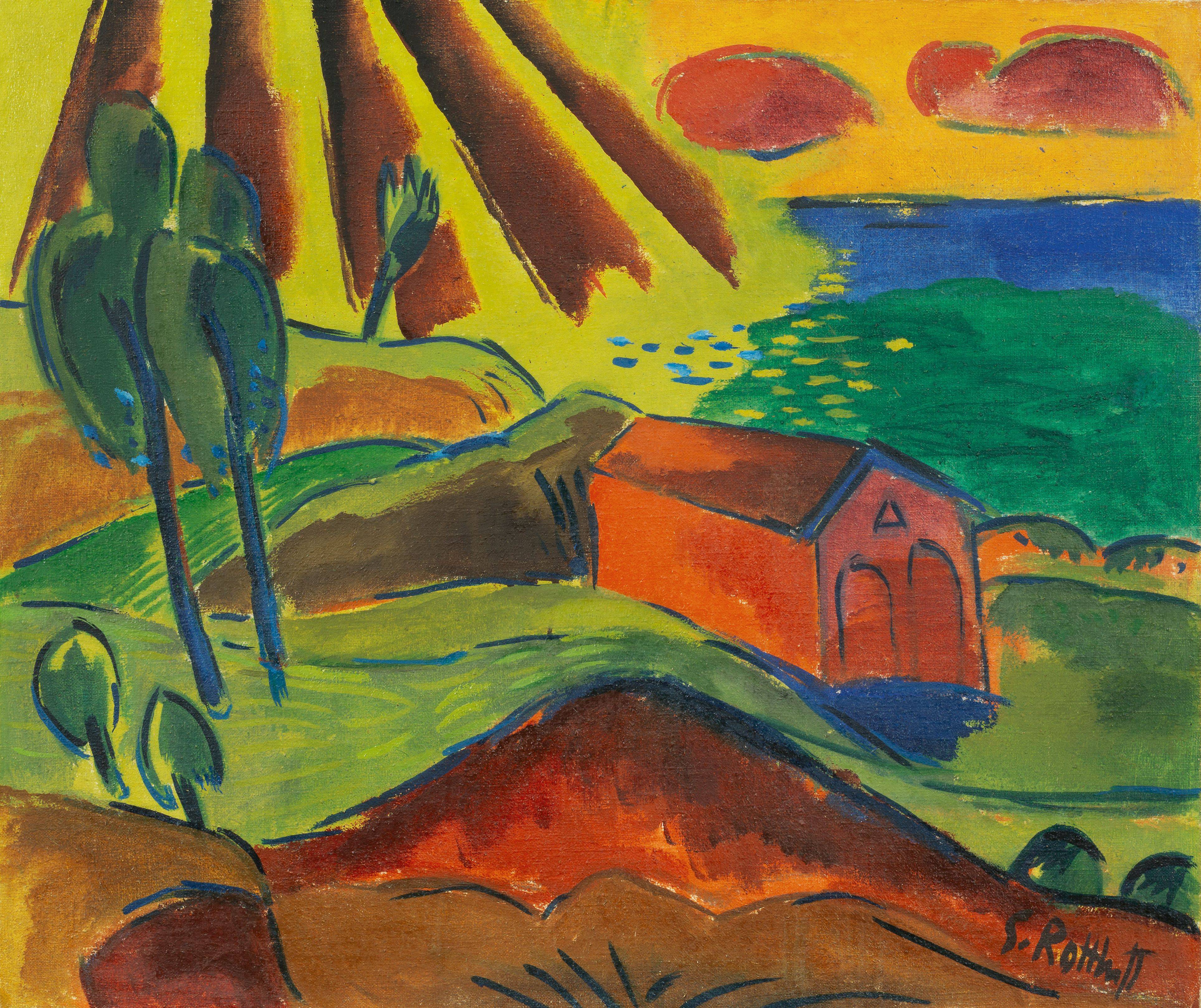 Auf diesem Bild ist das folgende Kunstwerk zu sehen: Karl Schmidt-Rottluff. „Bootshaus in Jershöft (Rettungshaus am Strand)“. 1920.