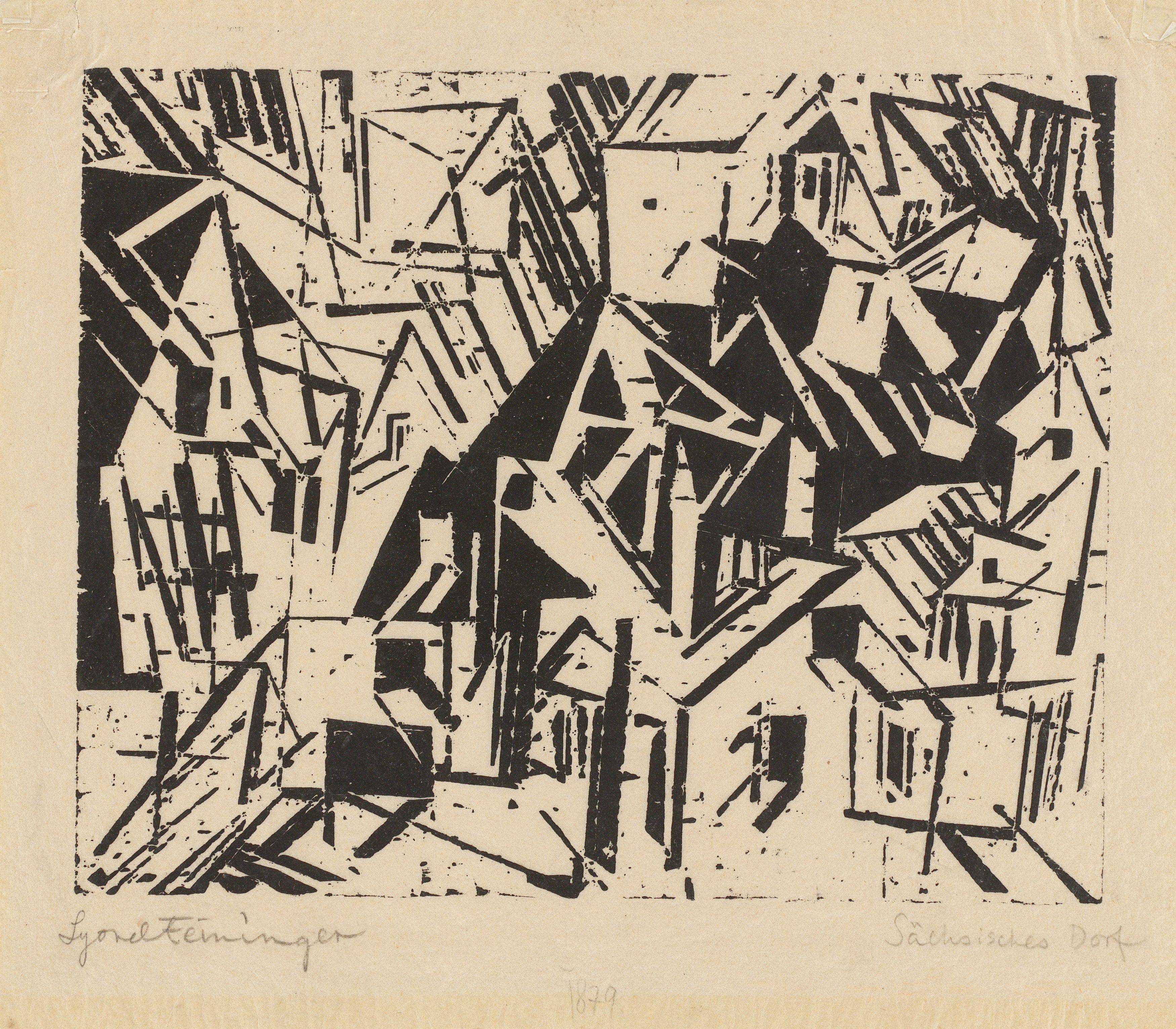 Auf diesem Bild ist das folgende Kunstwerk zu sehen: Lyonel Feininger. „Sächsisches Dorf (Dorf in Sachsen)“. 1918.
