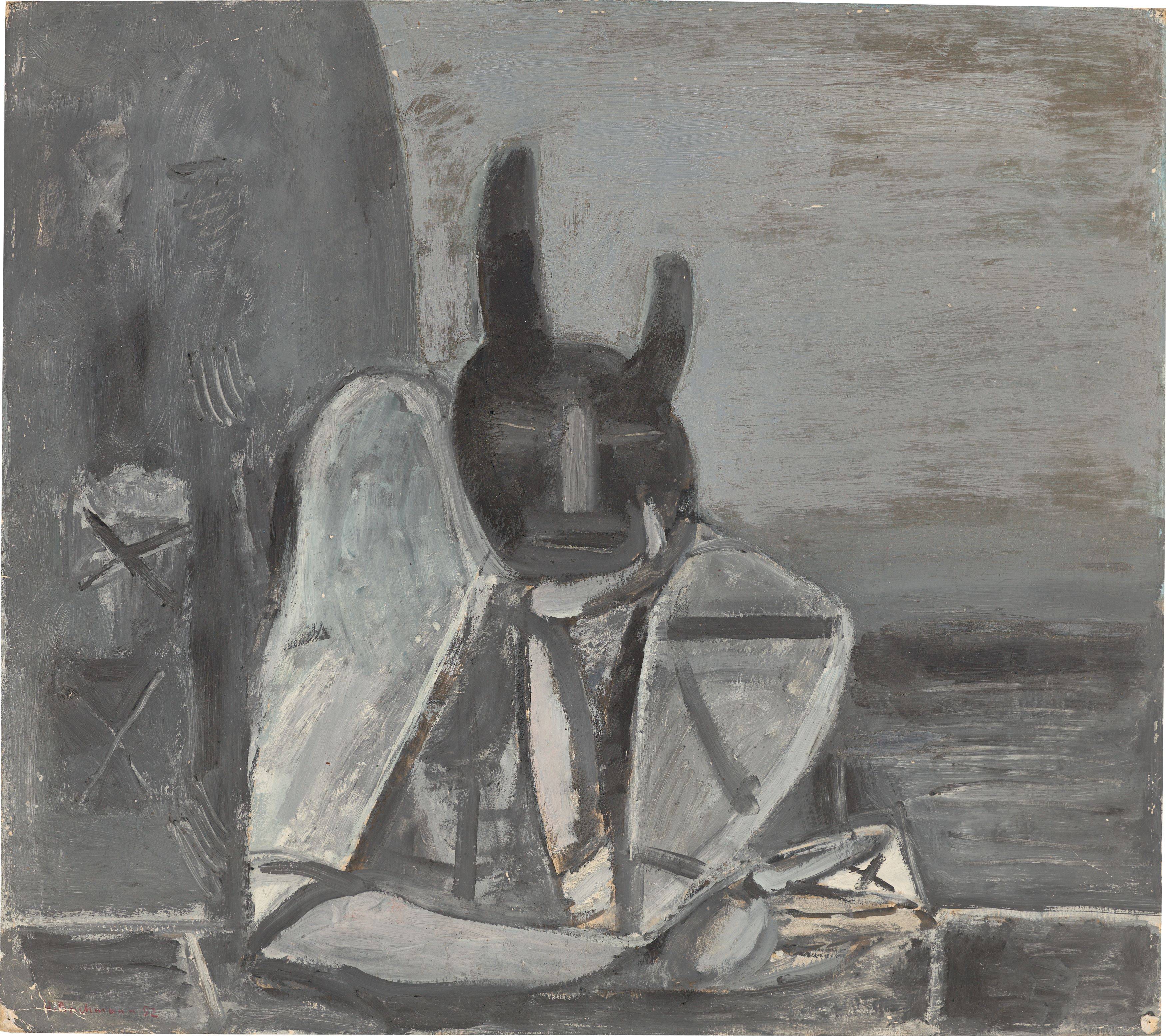 This picture shows the following artwork: Hermann Bachmann. Figure with mask. 1952/53.