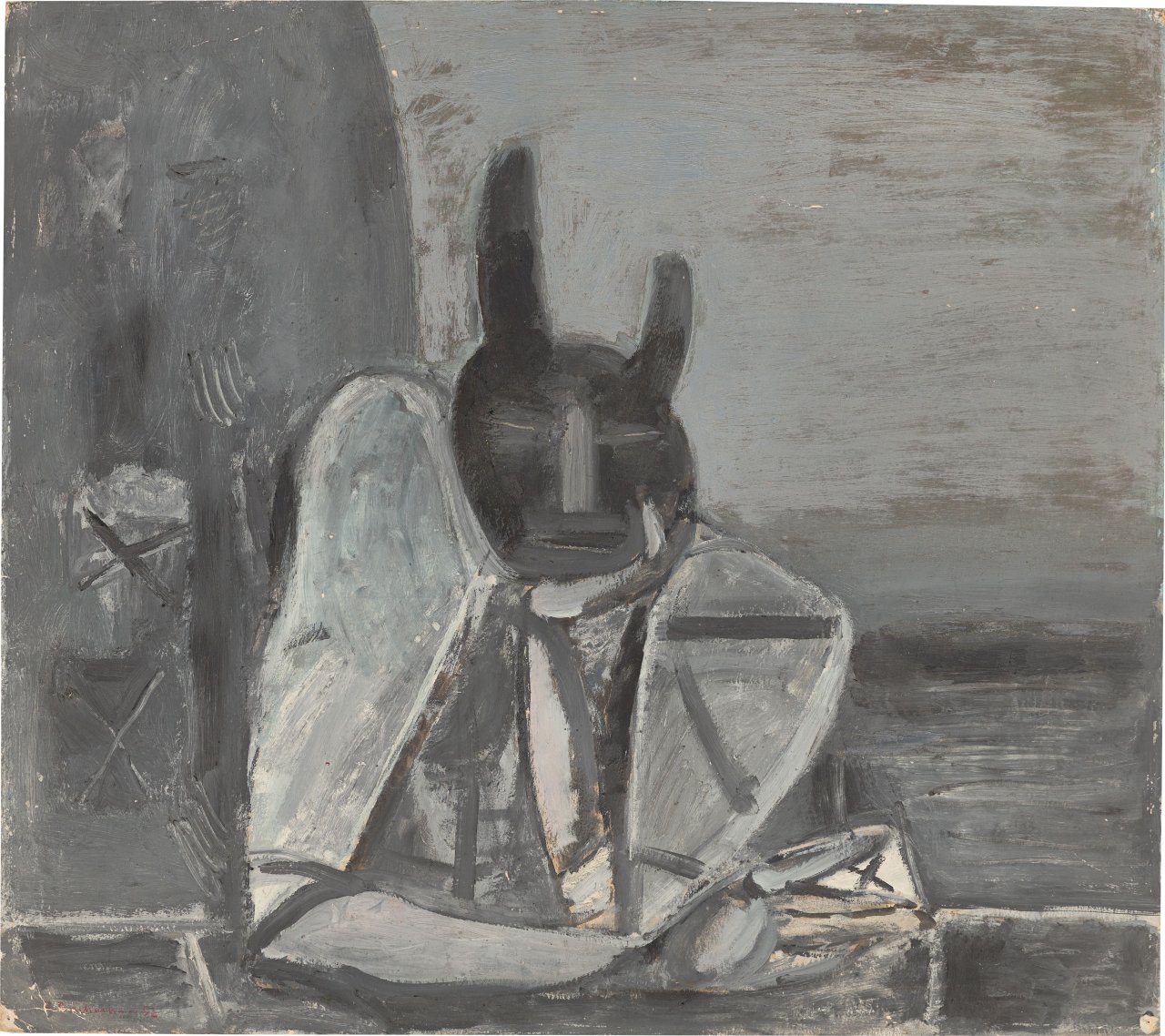 This picture shows the following artwork: Hermann Bachmann. Figure with mask. 1952/53.