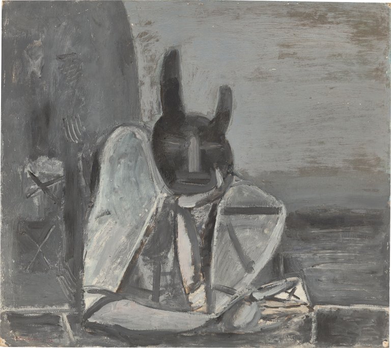 This picture shows the following artwork: Hermann Bachmann. Figure with mask. 1952/53.