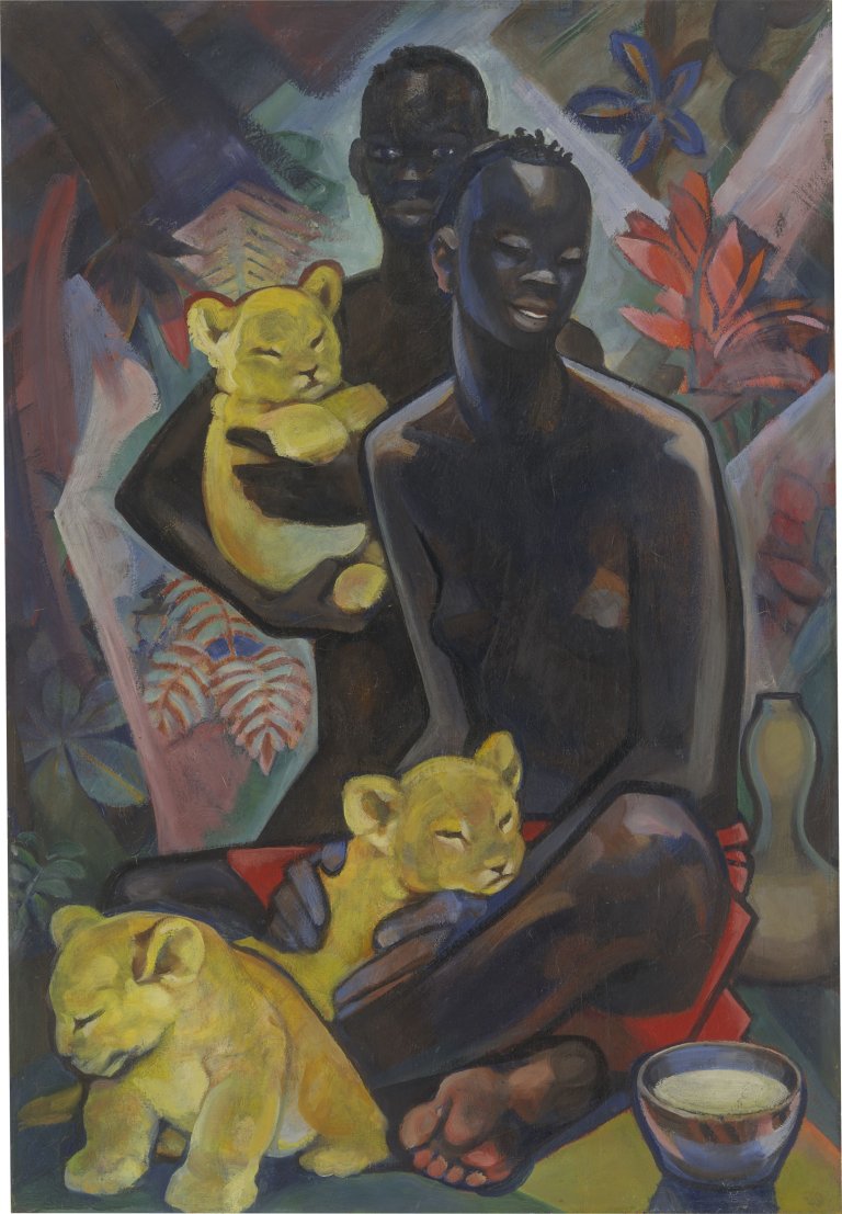 This picture shows the following artwork: Marie-Louise Mammen. Couple with Lion Cubs. Circa 1928.