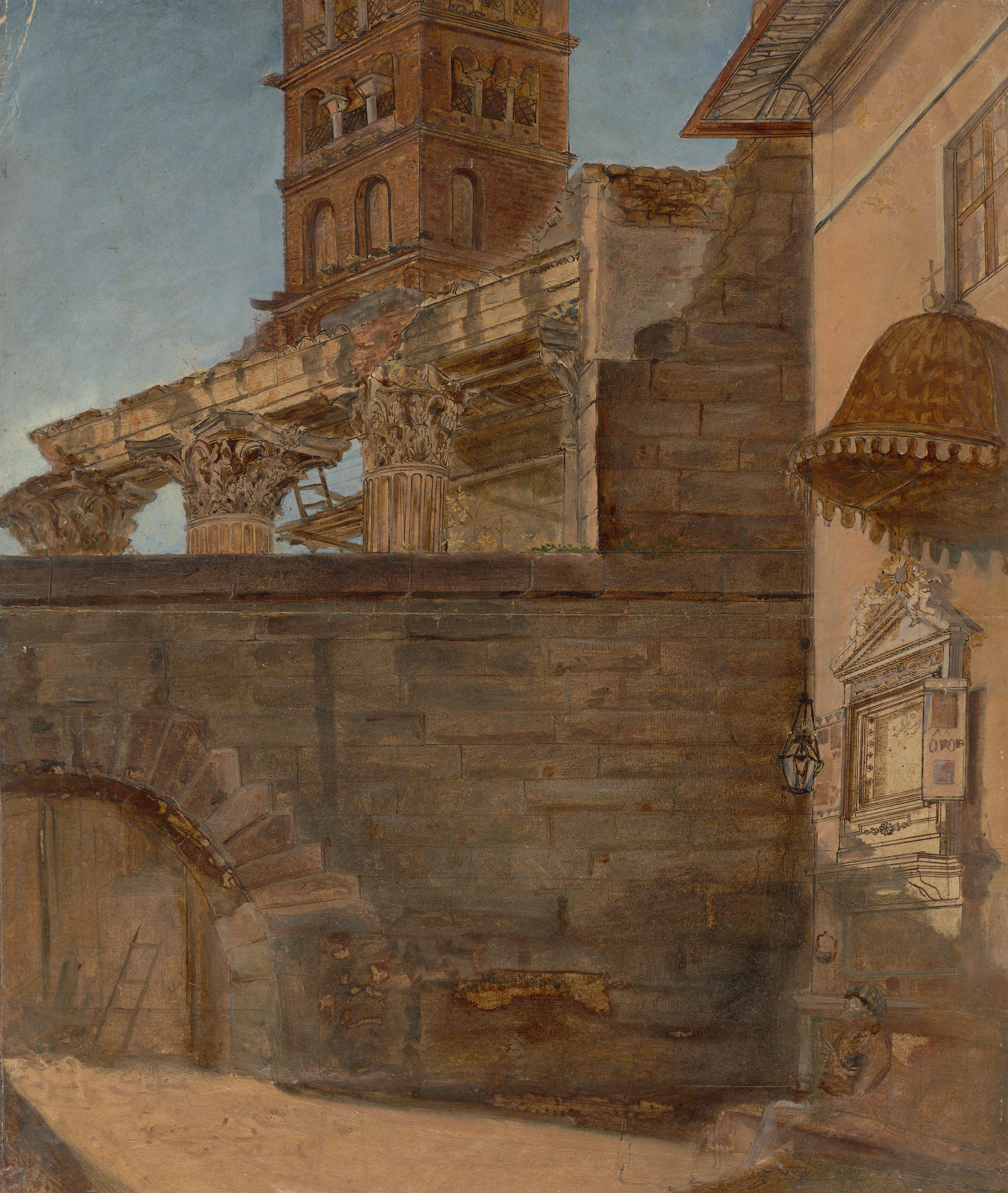 This picture shows the following artwork: Joseph Bertini. View of a courtyard and campanile over colonnades in Rome. 1820.