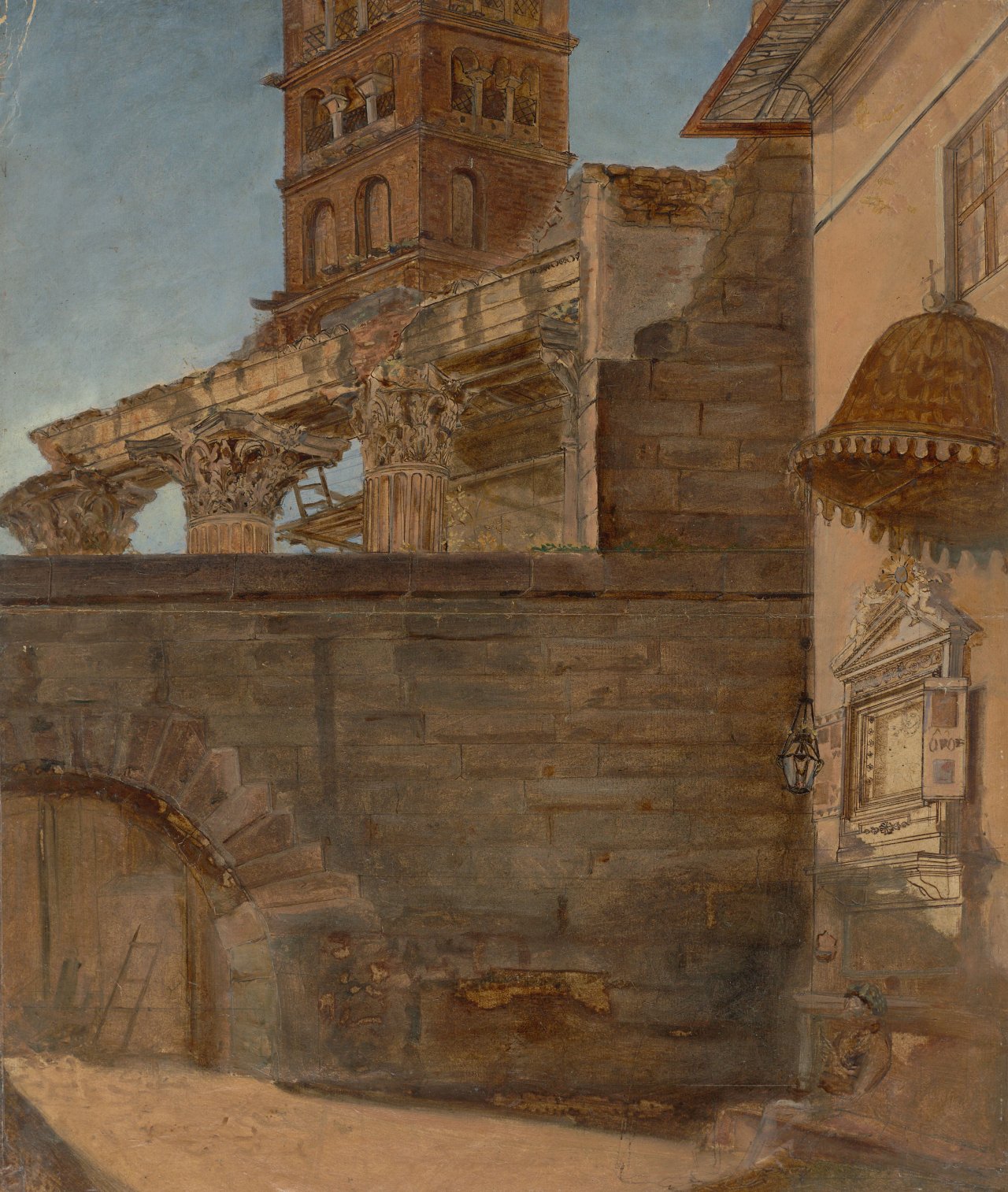 This picture shows the following artwork: Joseph Bertini. View of a courtyard and campanile over colonnades in Rome. 1820.