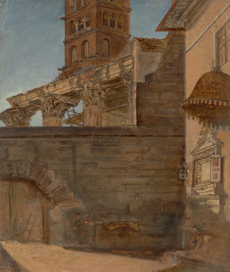 This picture shows the following artwork: Joseph Bertini. View of a courtyard and campanile over colonnades in Rome. 1820.