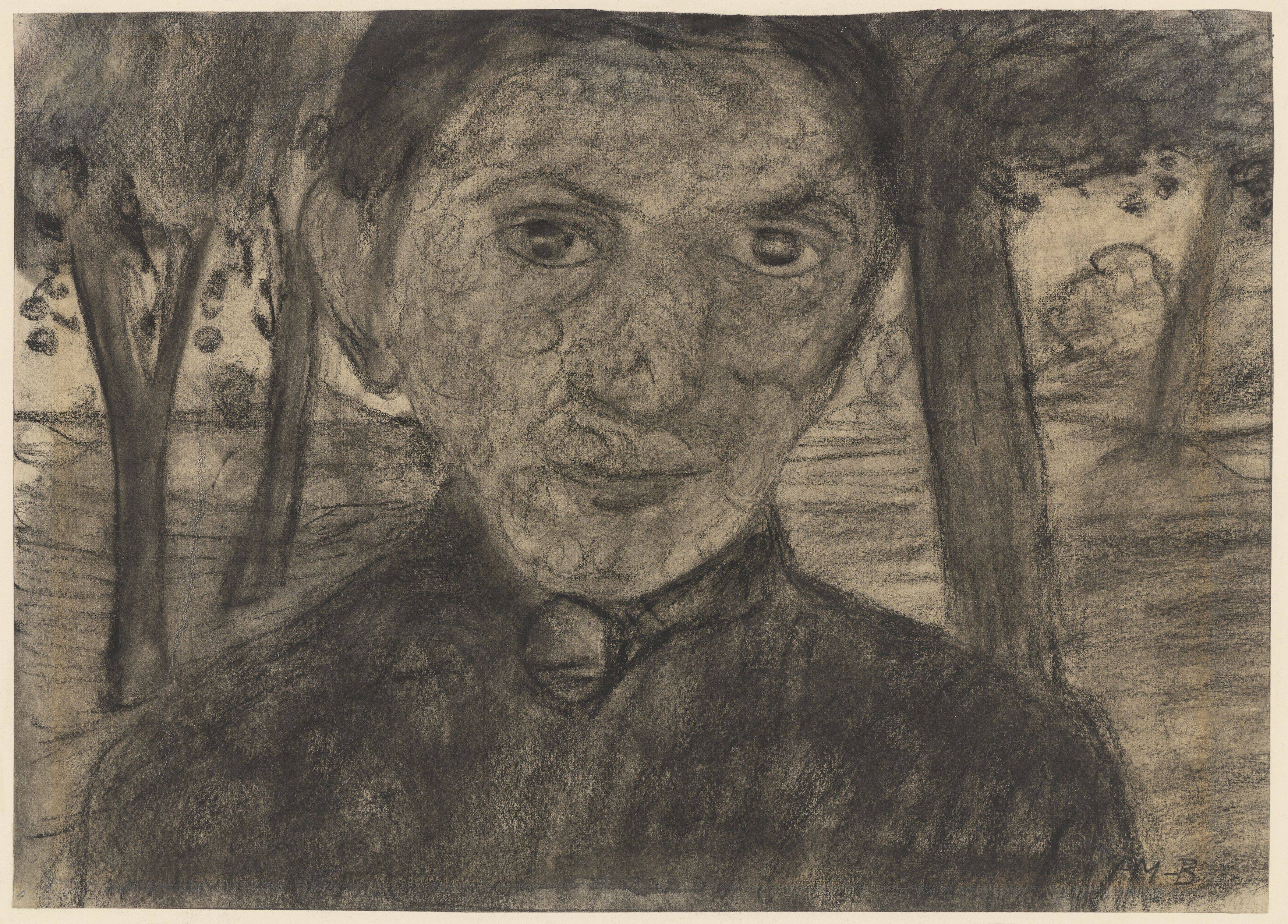 Auf diesem Bild ist das folgende Kunstwerk zu sehen: Paula Modersohn-Becker. „Selbstbildnis mit Landschaft vor Bäumen“. 1903.