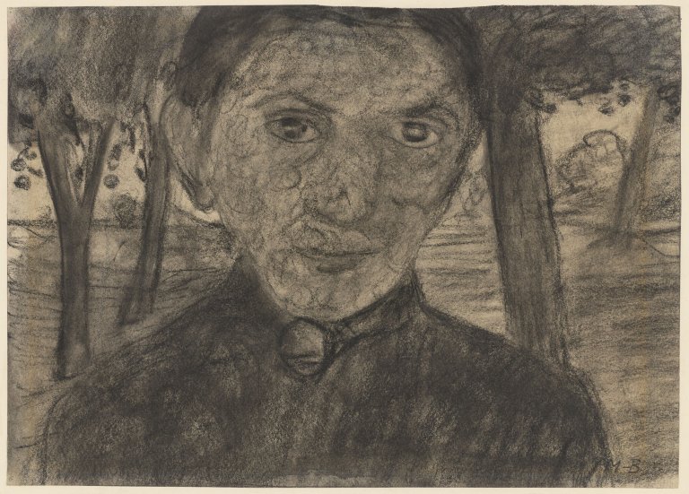 Auf diesem Bild ist das folgende Kunstwerk zu sehen: Paula Modersohn-Becker. „Selbstbildnis mit Landschaft vor Bäumen“. 1903.