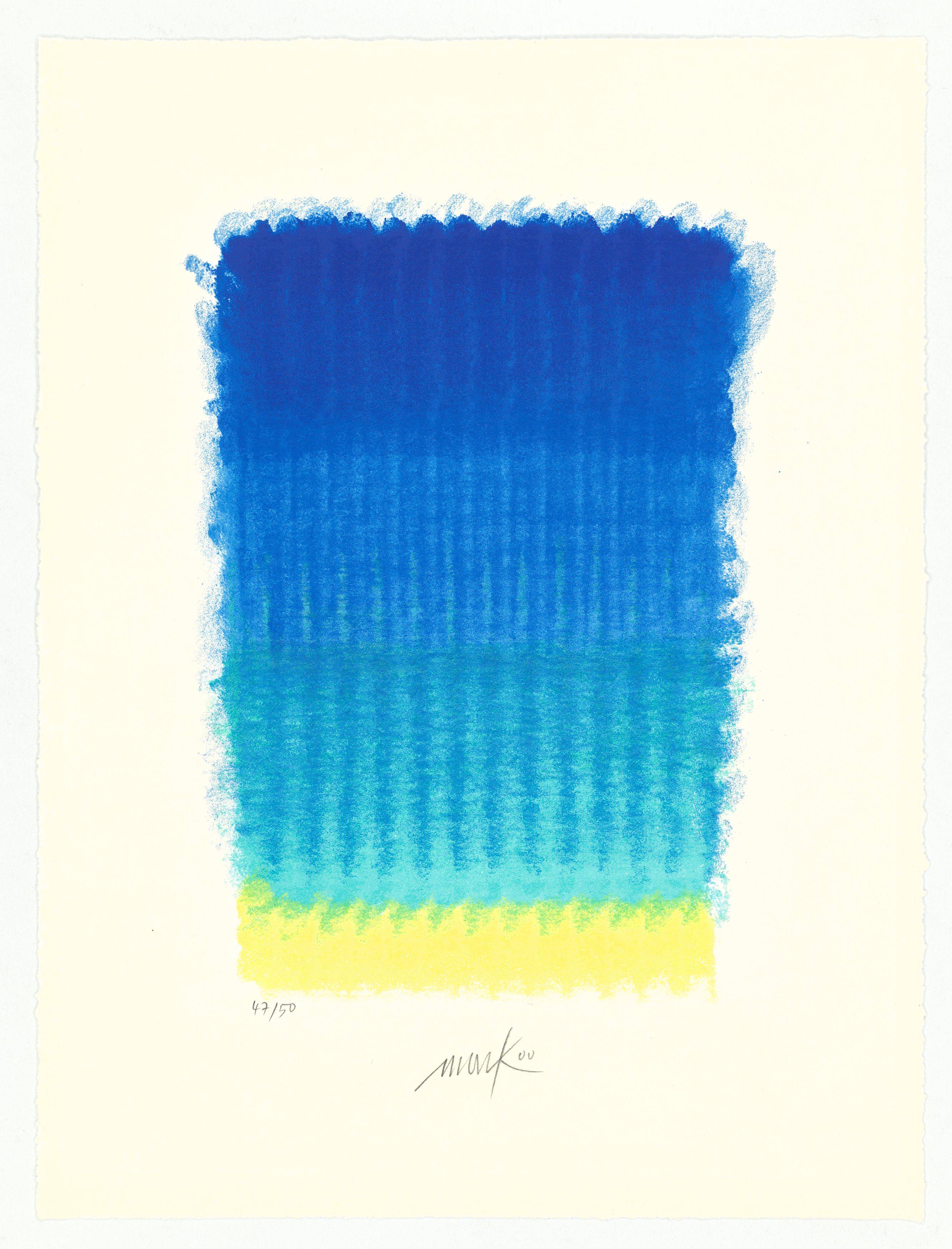 Auf diesem Bild ist das folgende Kunstwerk zu sehen: Heinz Mack. „Chromatik in Blau“. 2000.