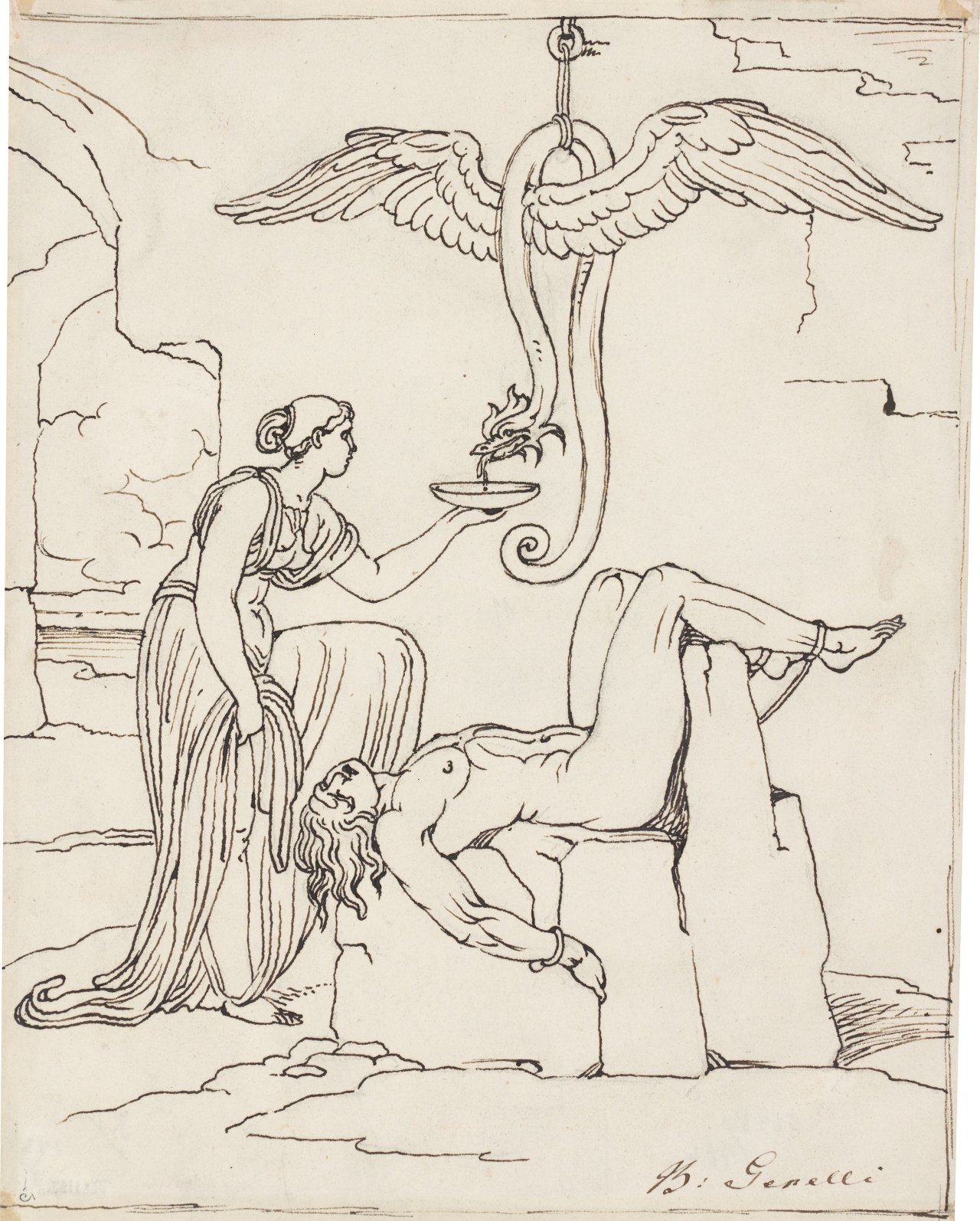 This picture shows the following artwork: Buonaventura Genelli. Signy protects her husband Loki from the snake venom.
