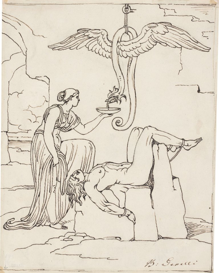 This picture shows the following artwork: Buonaventura Genelli. Signy protects her husband Loki from the snake venom.