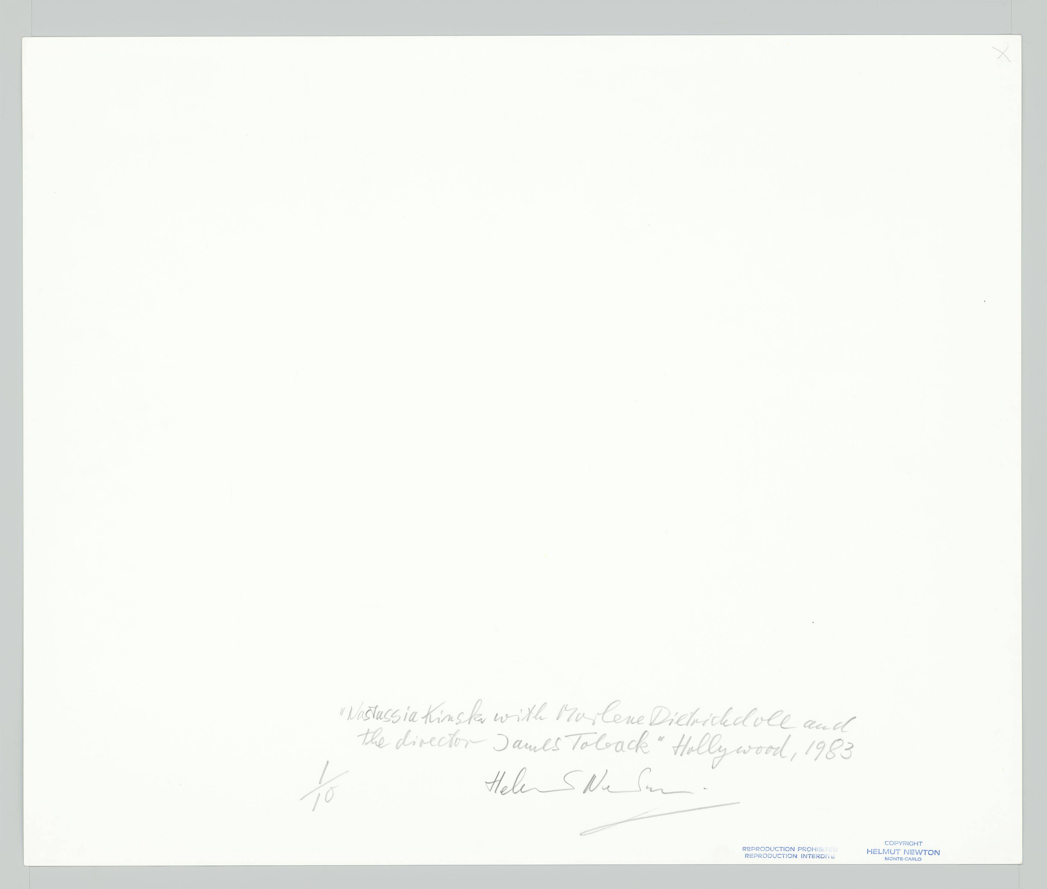 This picture shows the following artwork: Helmut Newton. ”Nastassia Kinski with Marlene Dietrich doll and the director James Toback, Hollywood”. 1983.