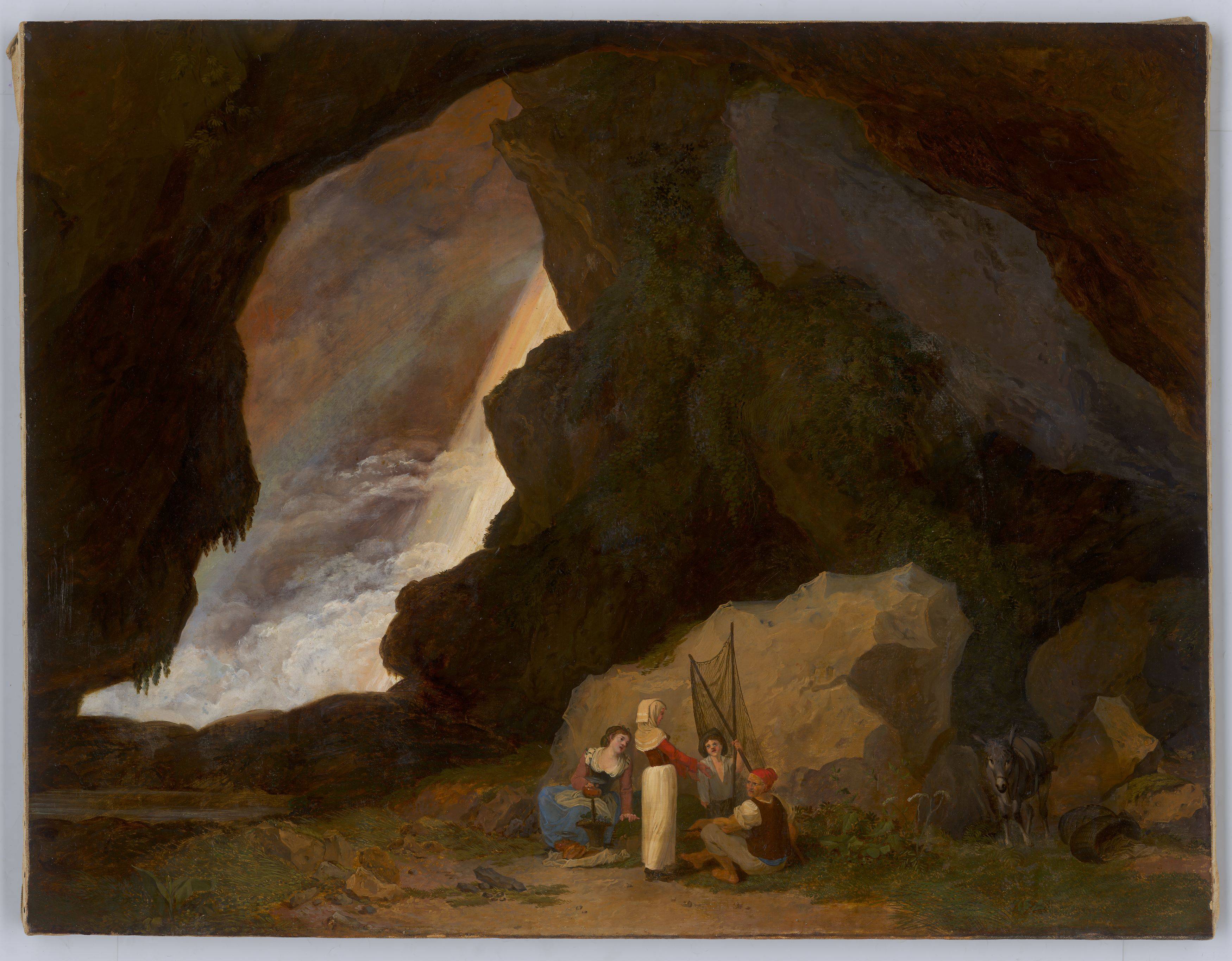 This picture shows the following artwork:  German, circa 1830. Group of figures in a dark grotto. Circa 1830.