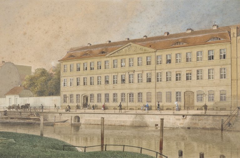 This picture shows the following artwork: Eduard Gaertner. ”Das Joachimsthalsche Gymnasium an der Burgstraße” (Berlin). 1857.