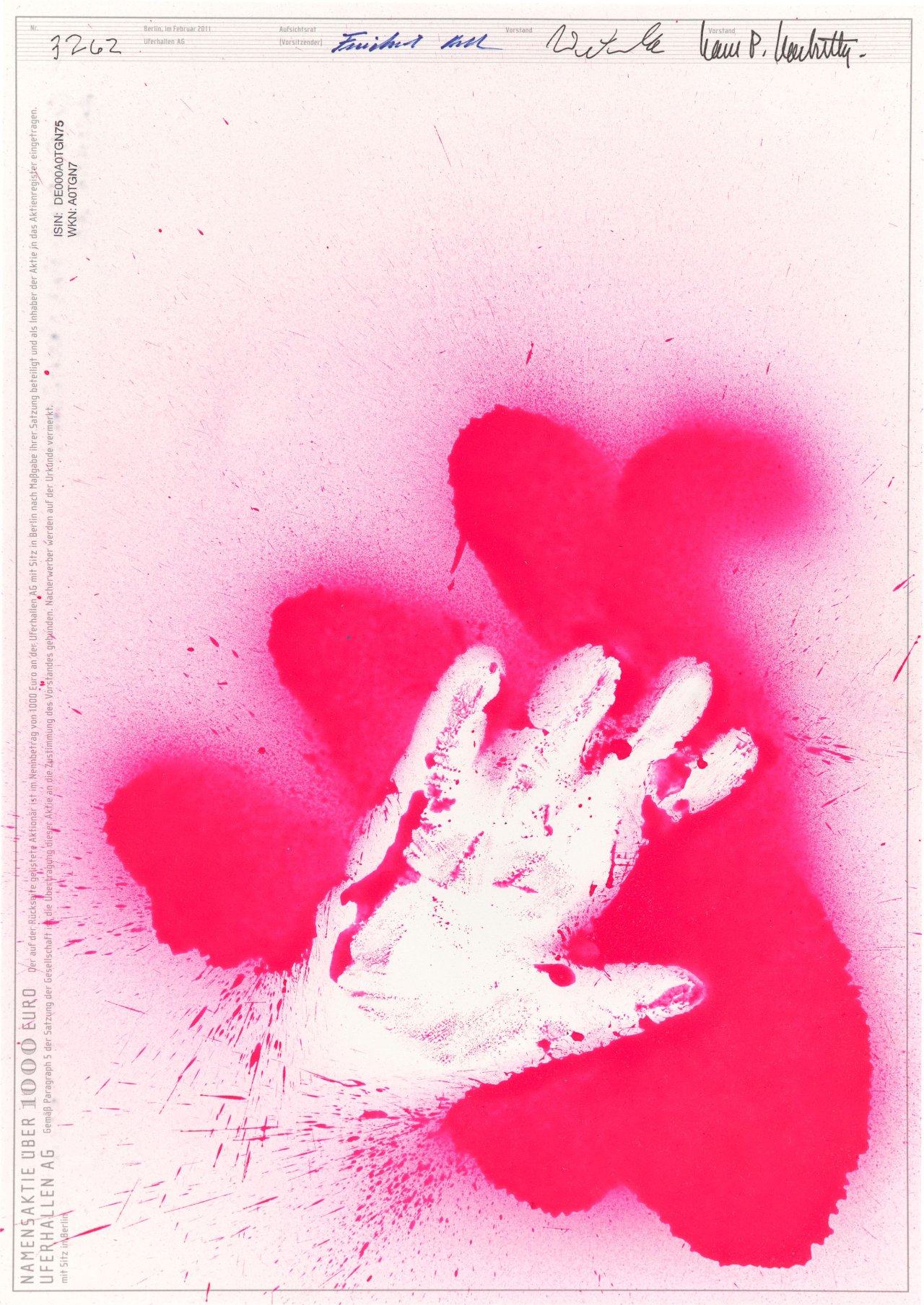 This picture shows the following artwork: Katharina Grosse. Drei Kunstaktien der UferHallen AG. 2011.