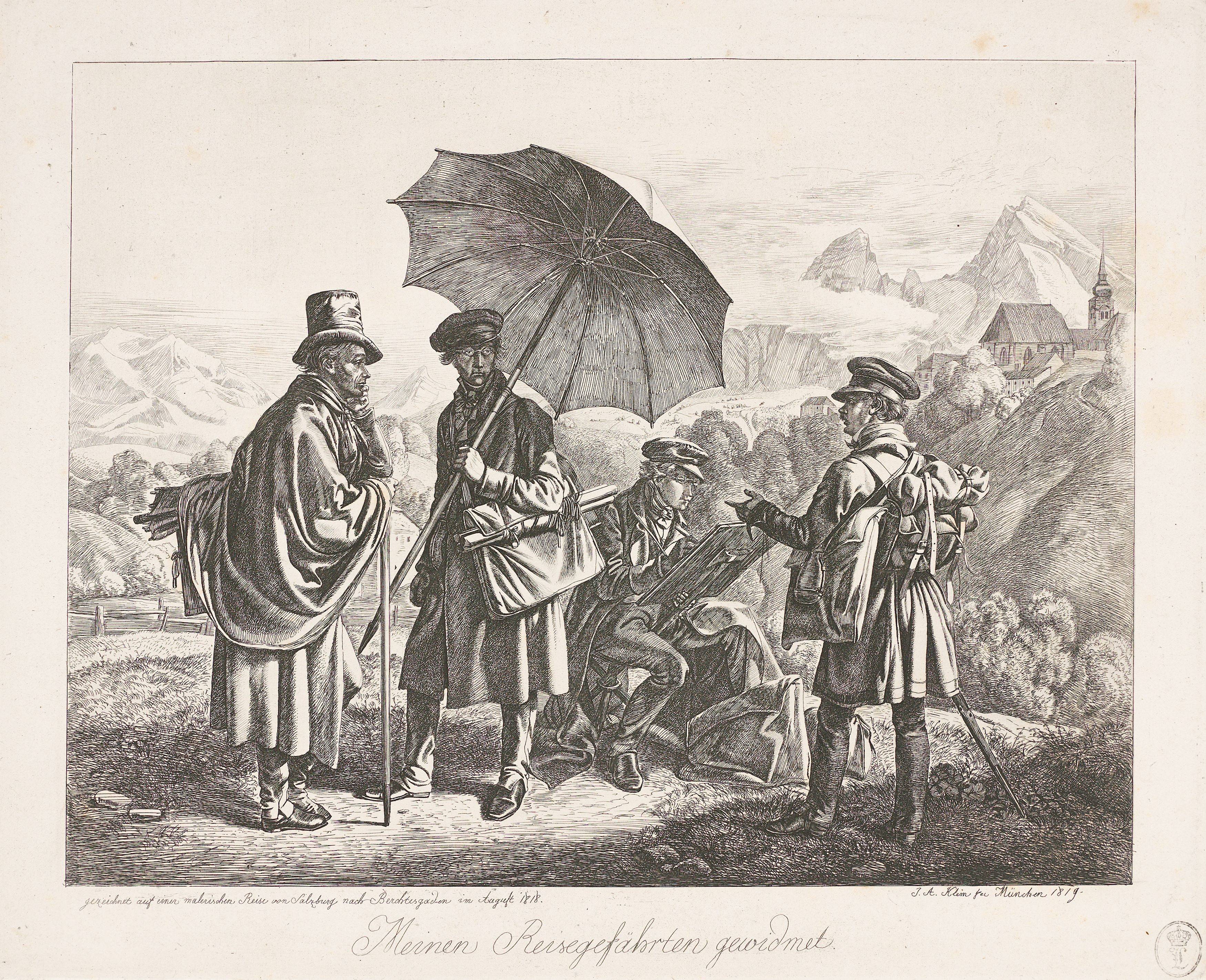 This picture shows the following artwork: Johann Adam Klein. ”Die Maler auf der Reise”. 1818/19.