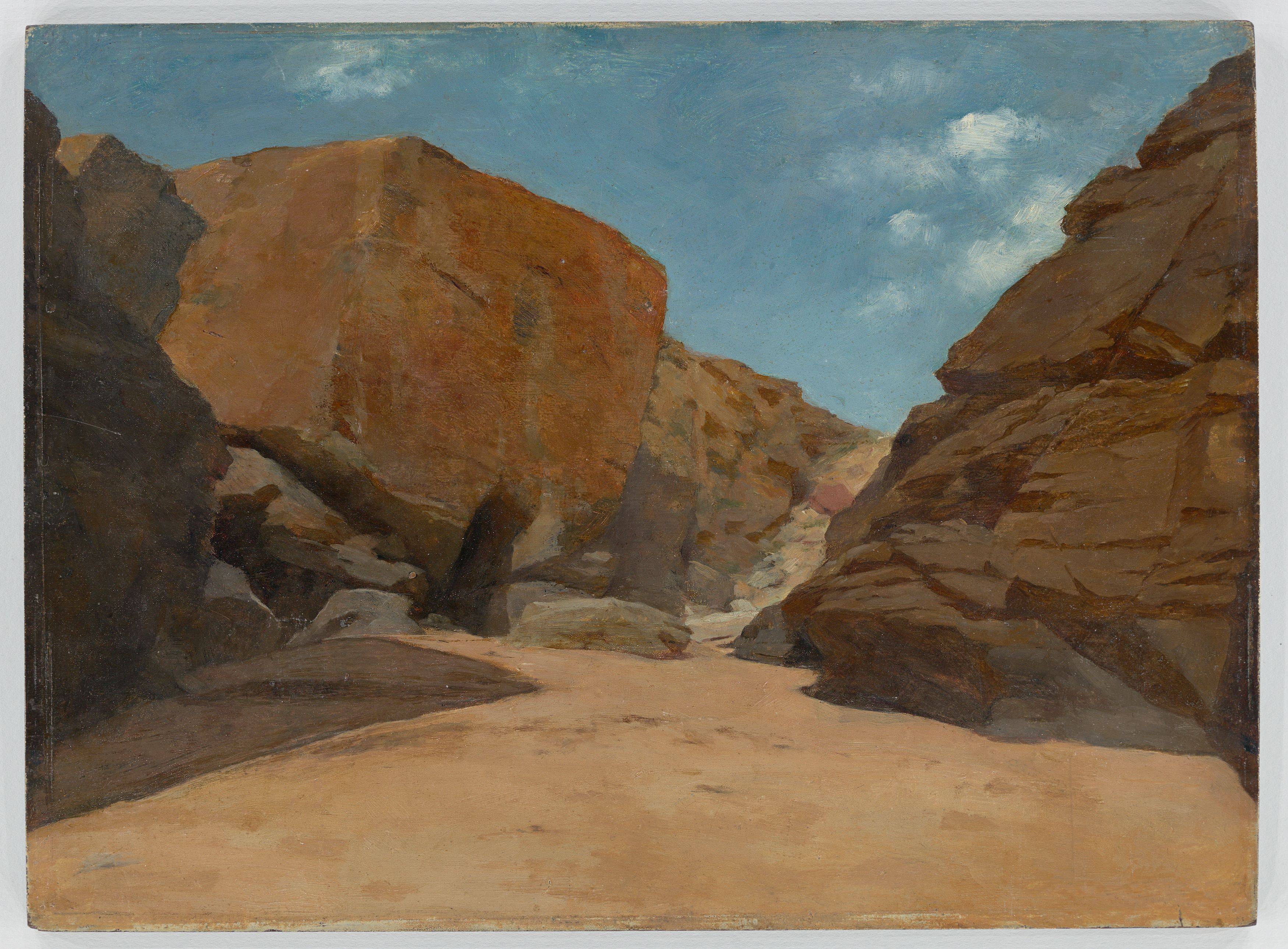 Auf diesem Bild ist das folgende Kunstwerk zu sehen:  Französisch oder Deutsch, um 1840/60. Felsige Wüstenlandschaft.