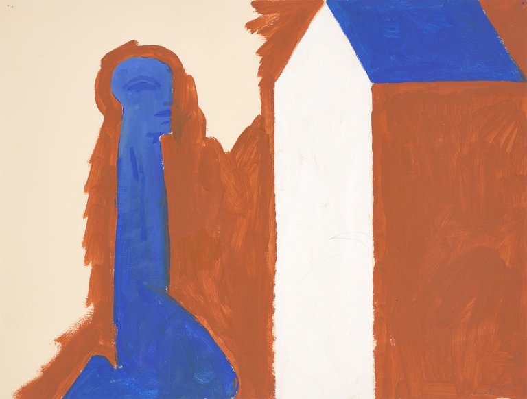 This picture shows the following artwork: Horst Antes. Blue, kneeling figure, house with white gable. 1987.
