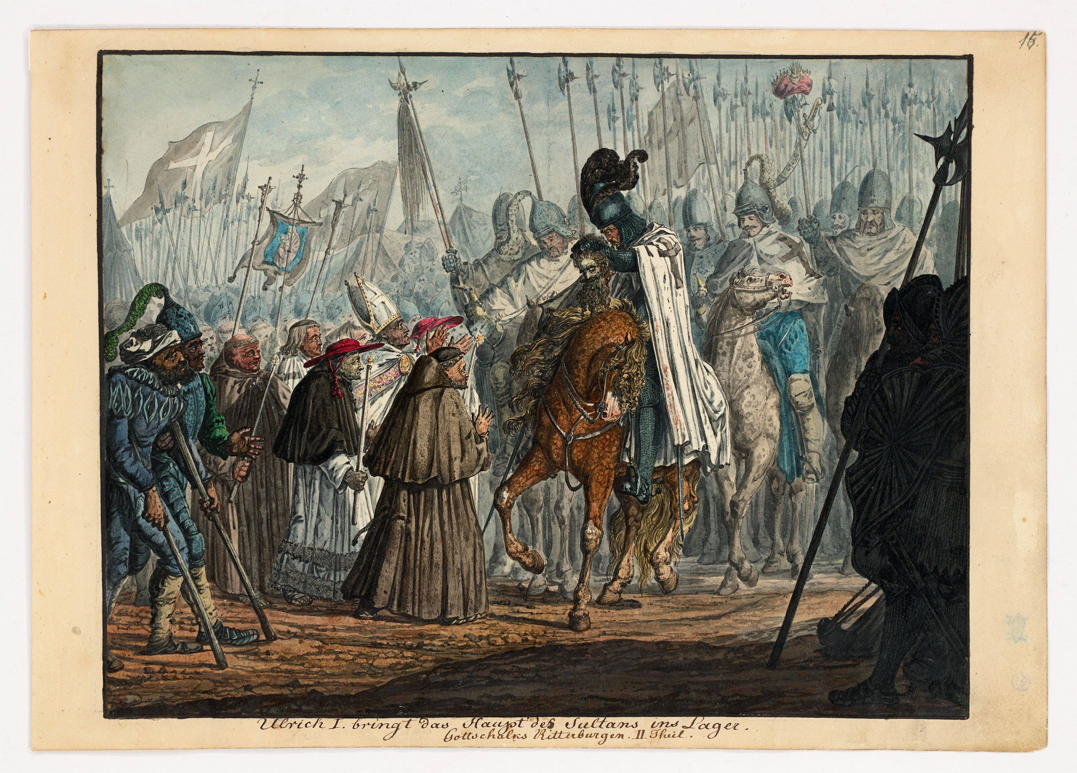 This picture shows the following artwork: Carl Philipp Fohr. ”Ulrich I. bringt das Haupt des Sultans ins Lager”. 1813/14.