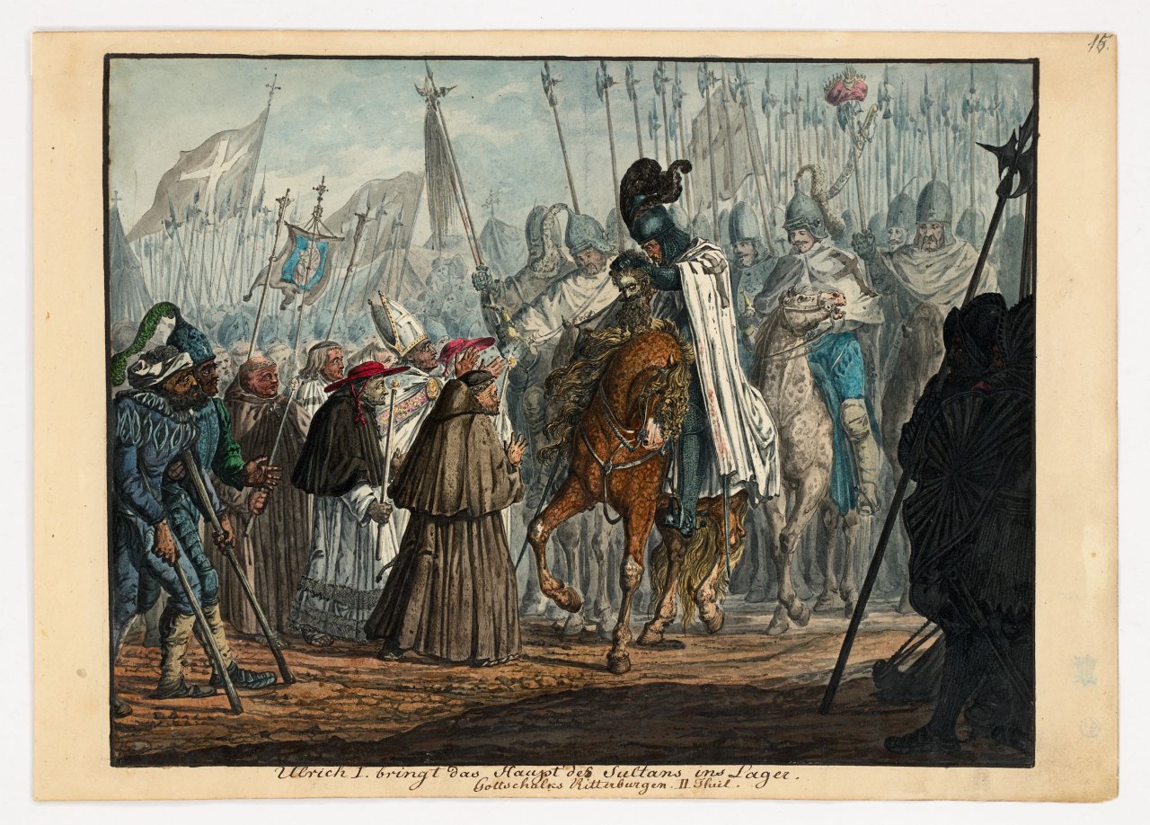 This picture shows the following artwork: Carl Philipp Fohr. ”Ulrich I. bringt das Haupt des Sultans ins Lager”. 1813/14.