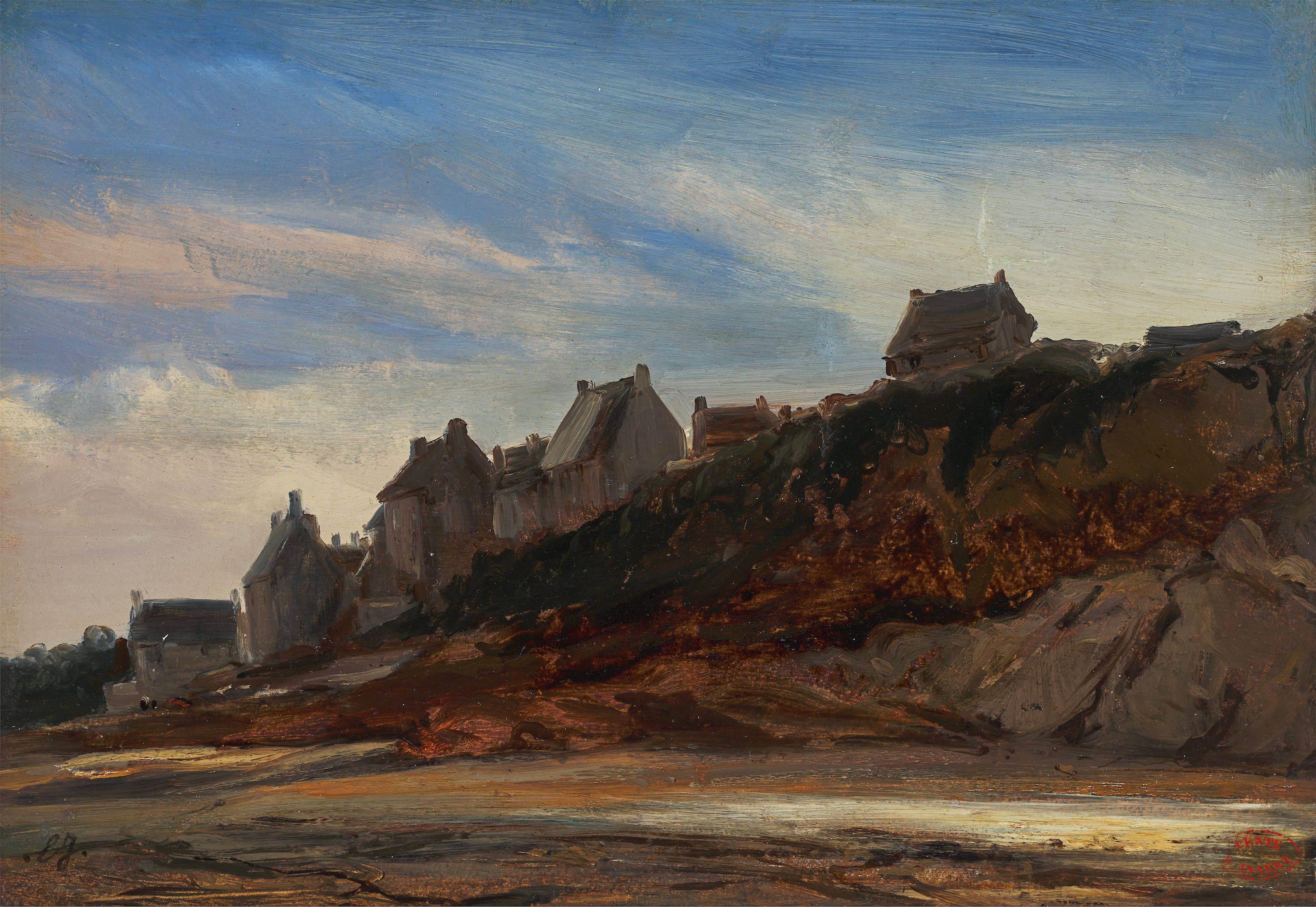 Auf diesem Bild ist das folgende Kunstwerk zu sehen: Louis-Gabriel-Eugène Isabey. Häuser an einer felsigen Küste.