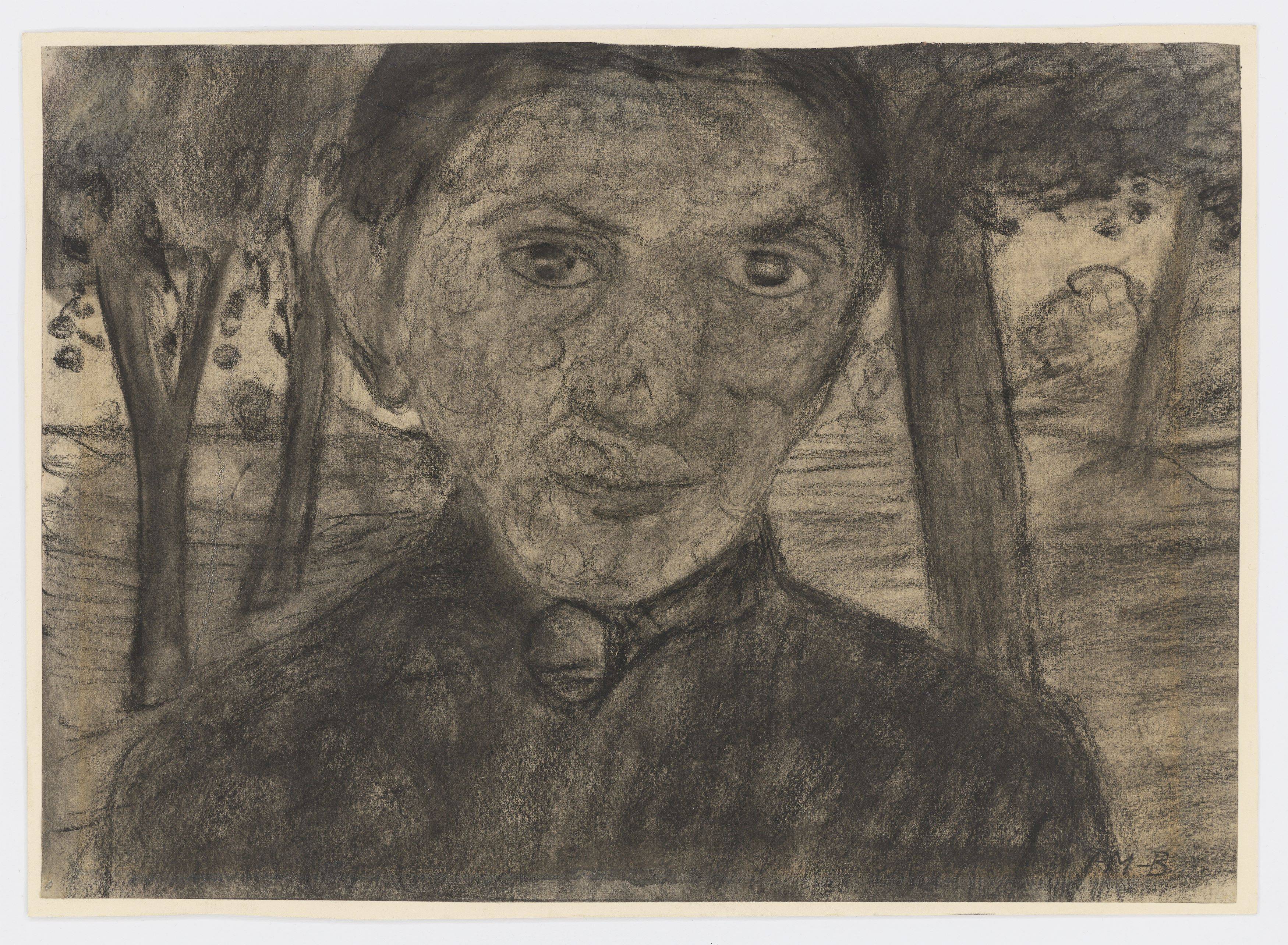 Auf diesem Bild ist das folgende Kunstwerk zu sehen: Paula Modersohn-Becker. „Selbstbildnis mit Landschaft vor Bäumen“. 1903.