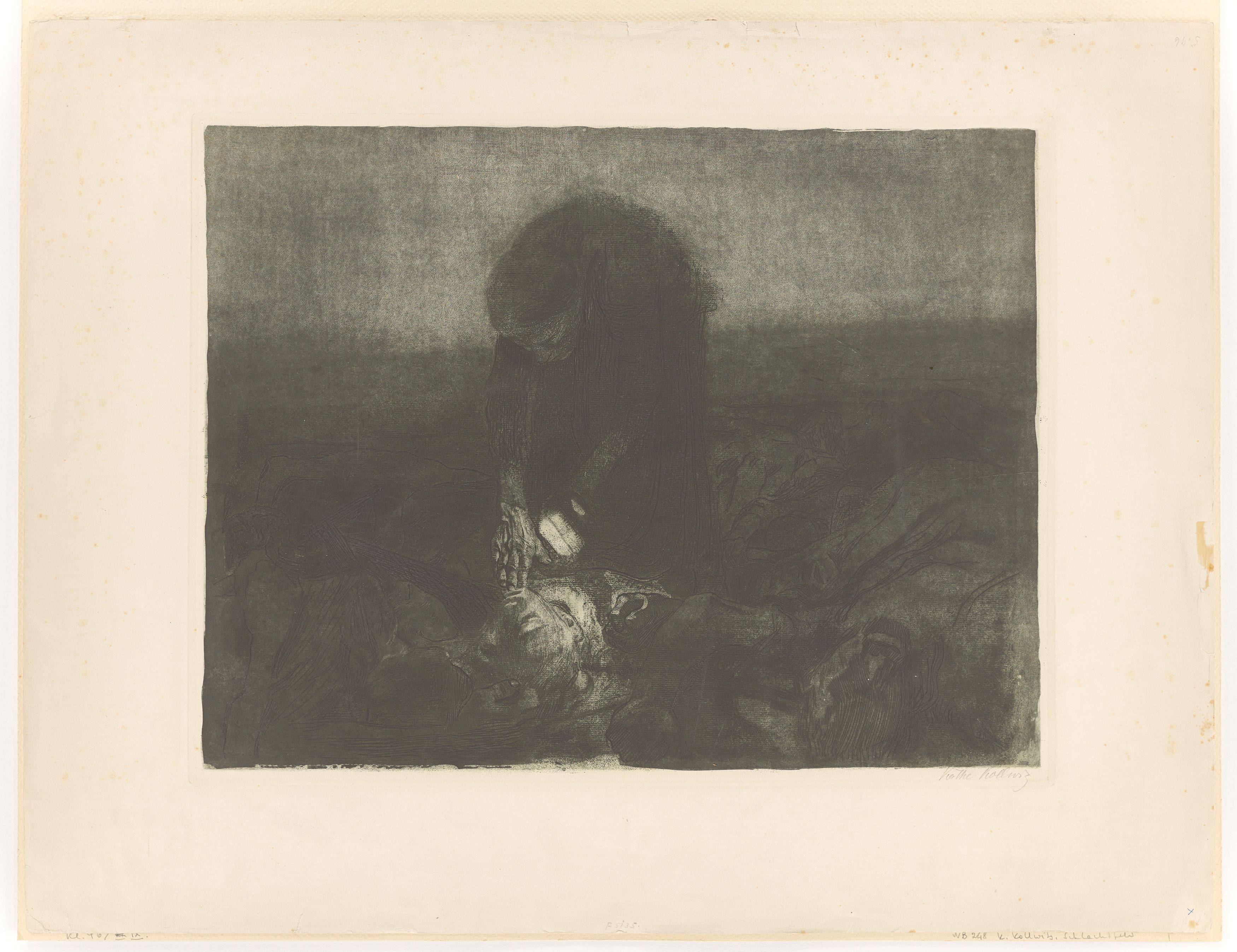 Auf diesem Bild ist das folgende Kunstwerk zu sehen: Käthe Kollwitz. „Schlachtfeld“. 1907/08.