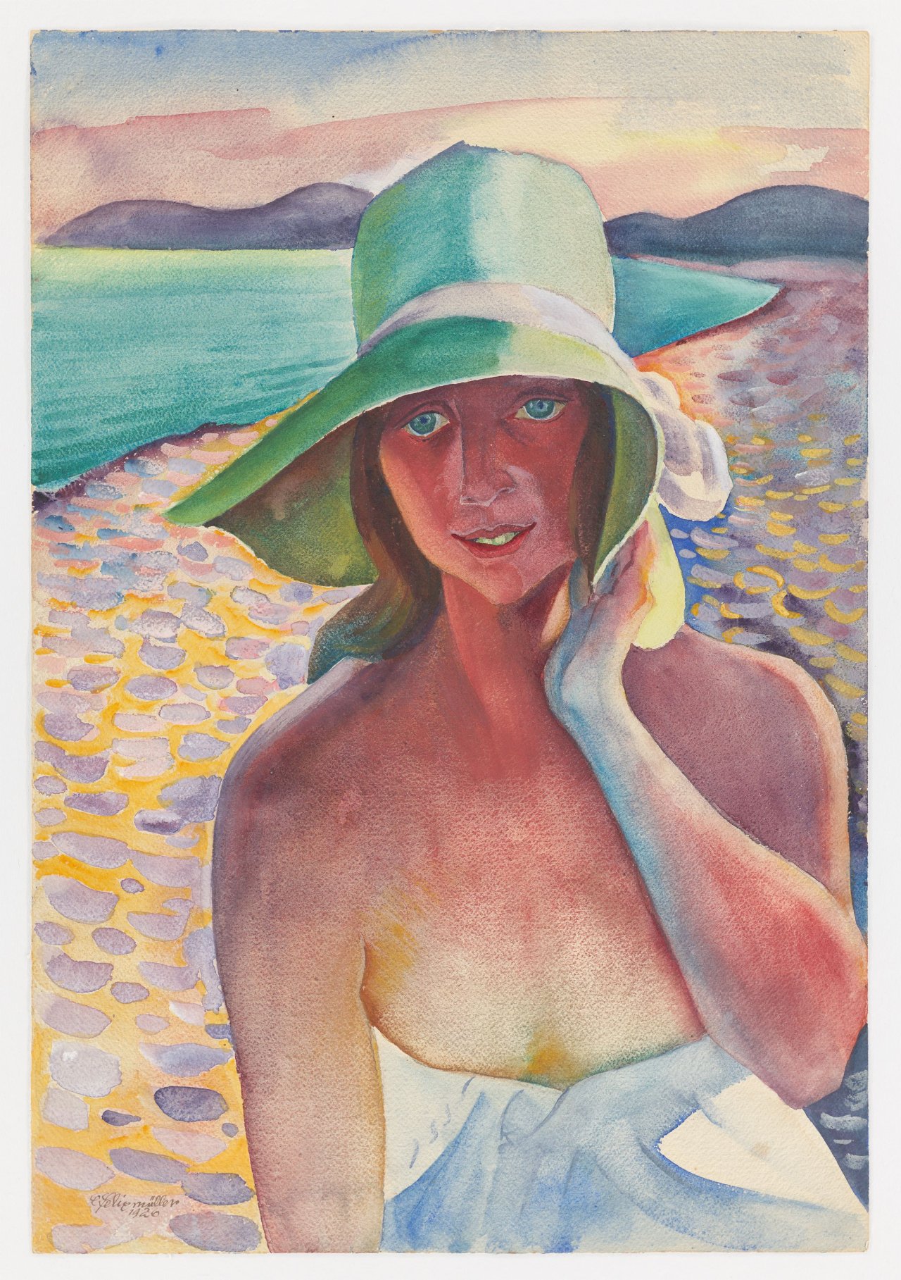 Auf diesem Bild ist das folgende Kunstwerk zu sehen: Conrad Felixmüller. „Späte Sonne am Strand von Le Lavandou“. 1926.