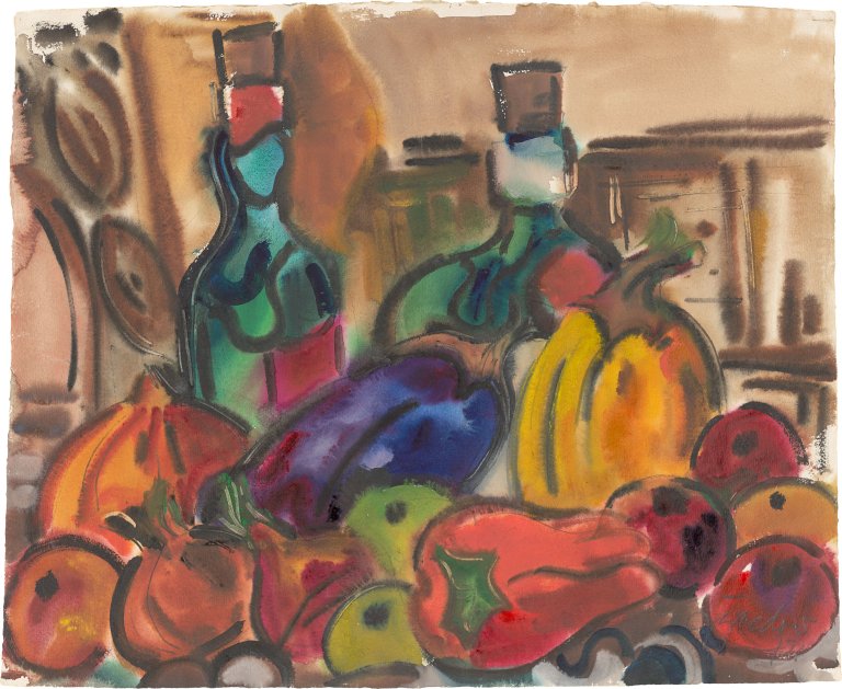 This picture shows the following artwork: Rudolf Bredow. ”Stillleben mit Kürbissen und Weinflaschen II”. 1972.