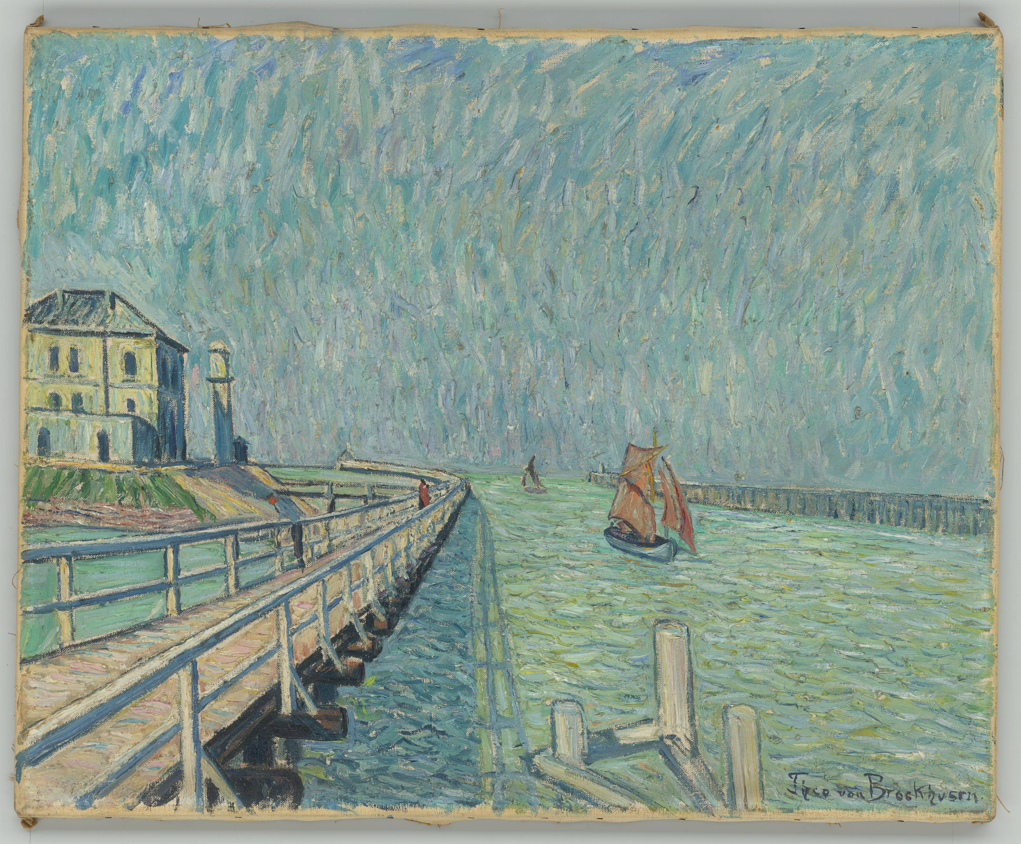 Auf diesem Bild ist das folgende Kunstwerk zu sehen: Theo von Brockhusen. Landungsbrücke in Nieuport. 1910.