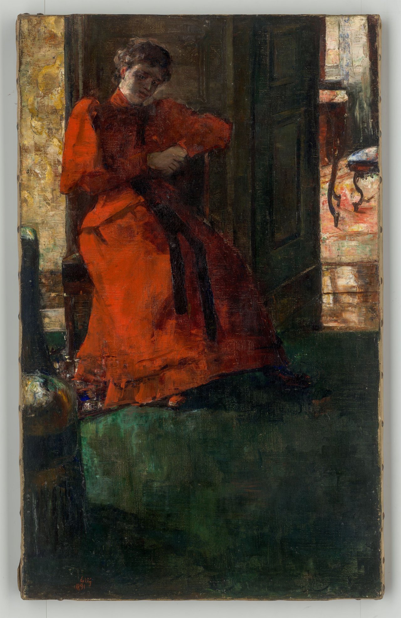 Auf diesem Bild ist das folgende Kunstwerk zu sehen: Lesser Ury. „Das rote Kleid“. 1891.