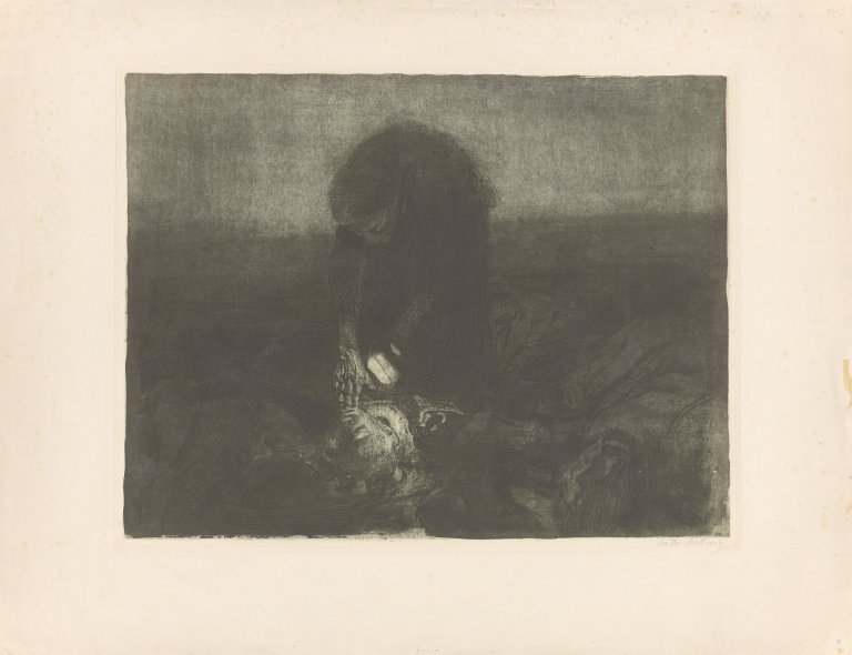 Auf diesem Bild ist das folgende Kunstwerk zu sehen: Käthe Kollwitz. „Schlachtfeld“. 1907/08.