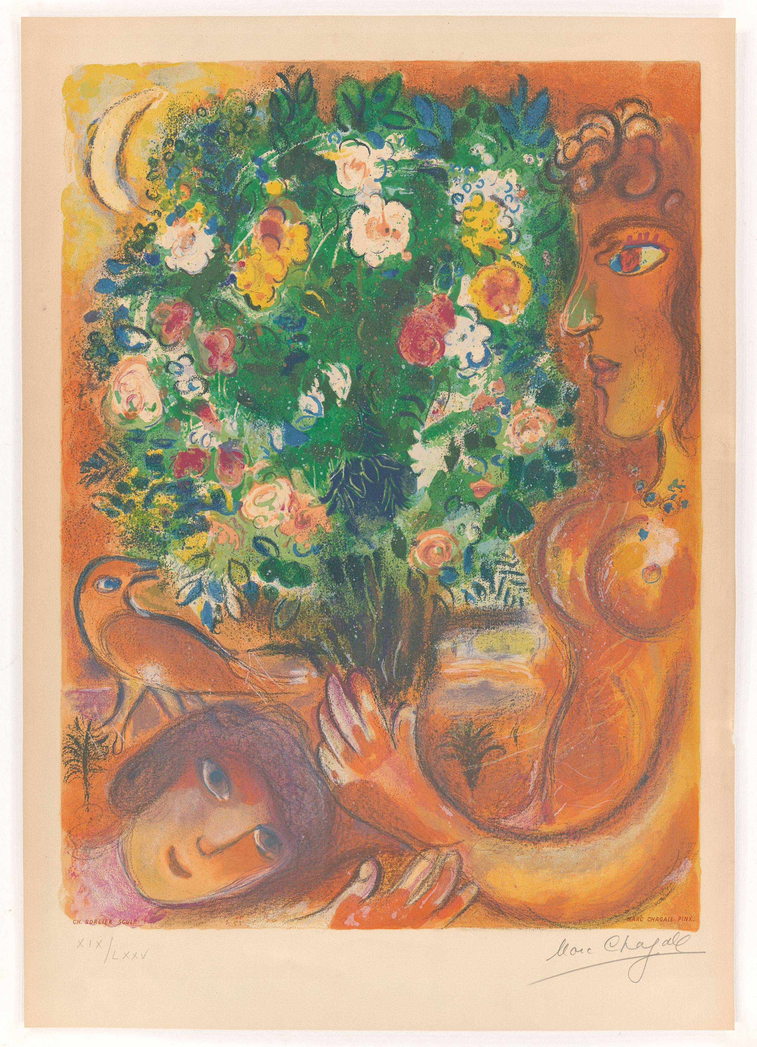 Auf diesem Bild ist das folgende Kunstwerk zu sehen: Marc Chagall. „Femme au bouquet“. 1967.