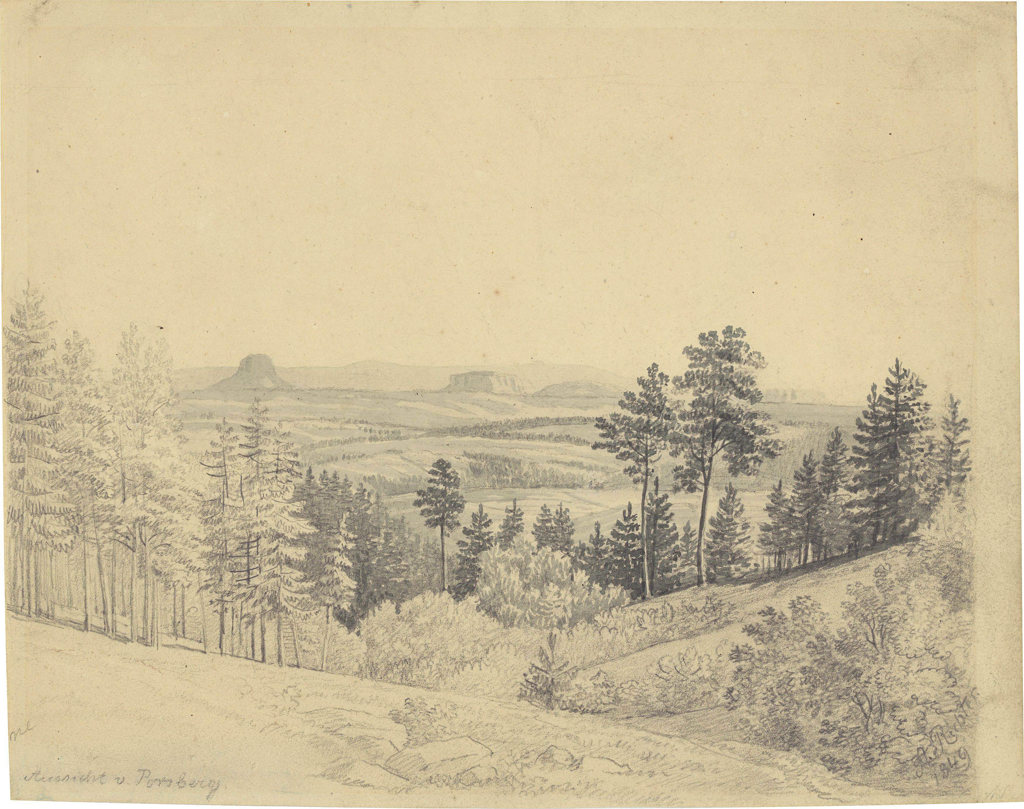 This picture shows the following artwork: August Richter. ”Aussicht vom Porsberg auf den Lilienstein und den Königstein”. 1849.