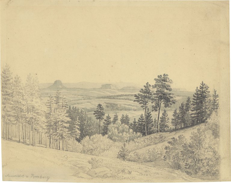 This picture shows the following artwork: August Richter. ”Aussicht vom Porsberg auf den Lilienstein und den Königstein”. 1849.