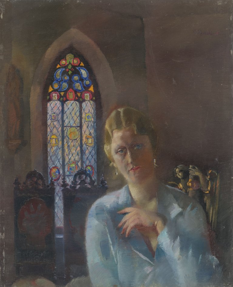 This picture shows the following artwork: Conrad Felixmüller. ”Im alten Schloss (Saal von Poschwitz, mit Frl. von Rochow)”. 1936.