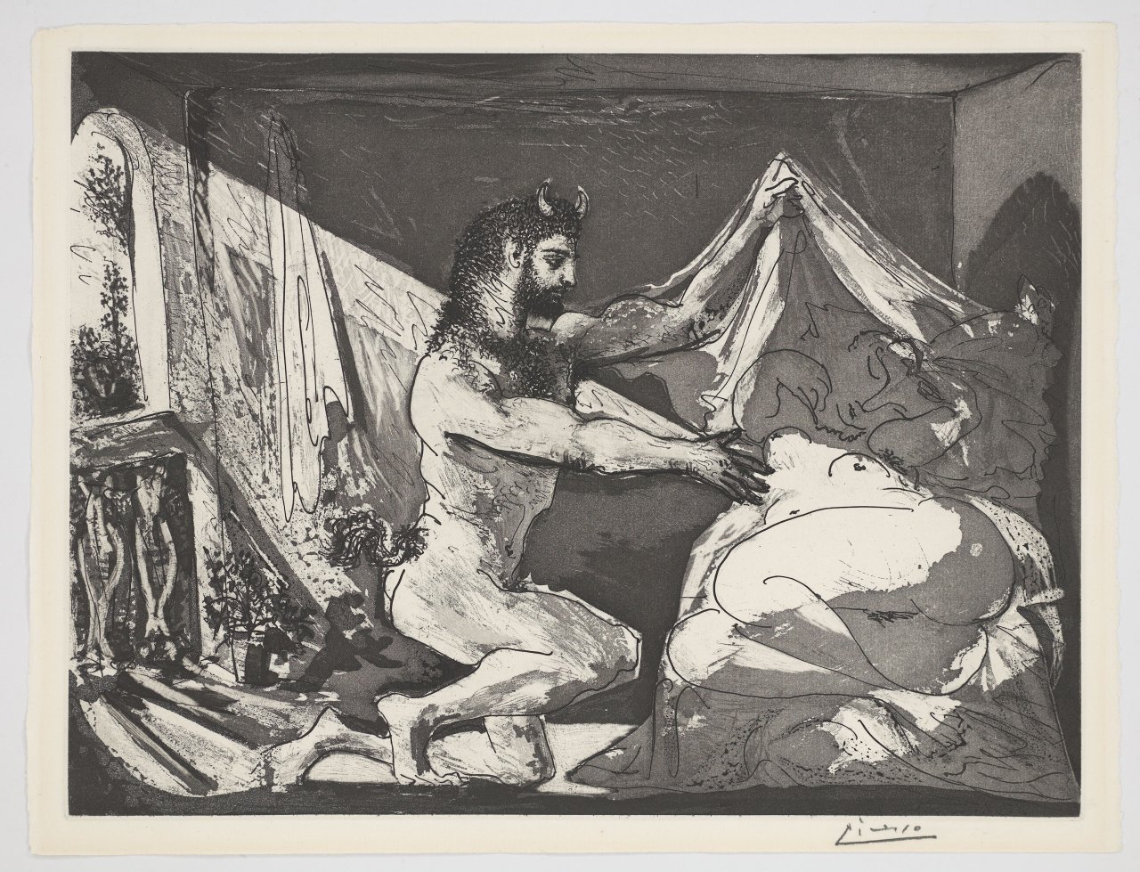 Auf diesem Bild ist das folgende Kunstwerk zu sehen: Pablo Picasso. „Faune dévoilant une dormeuse“. 1936.