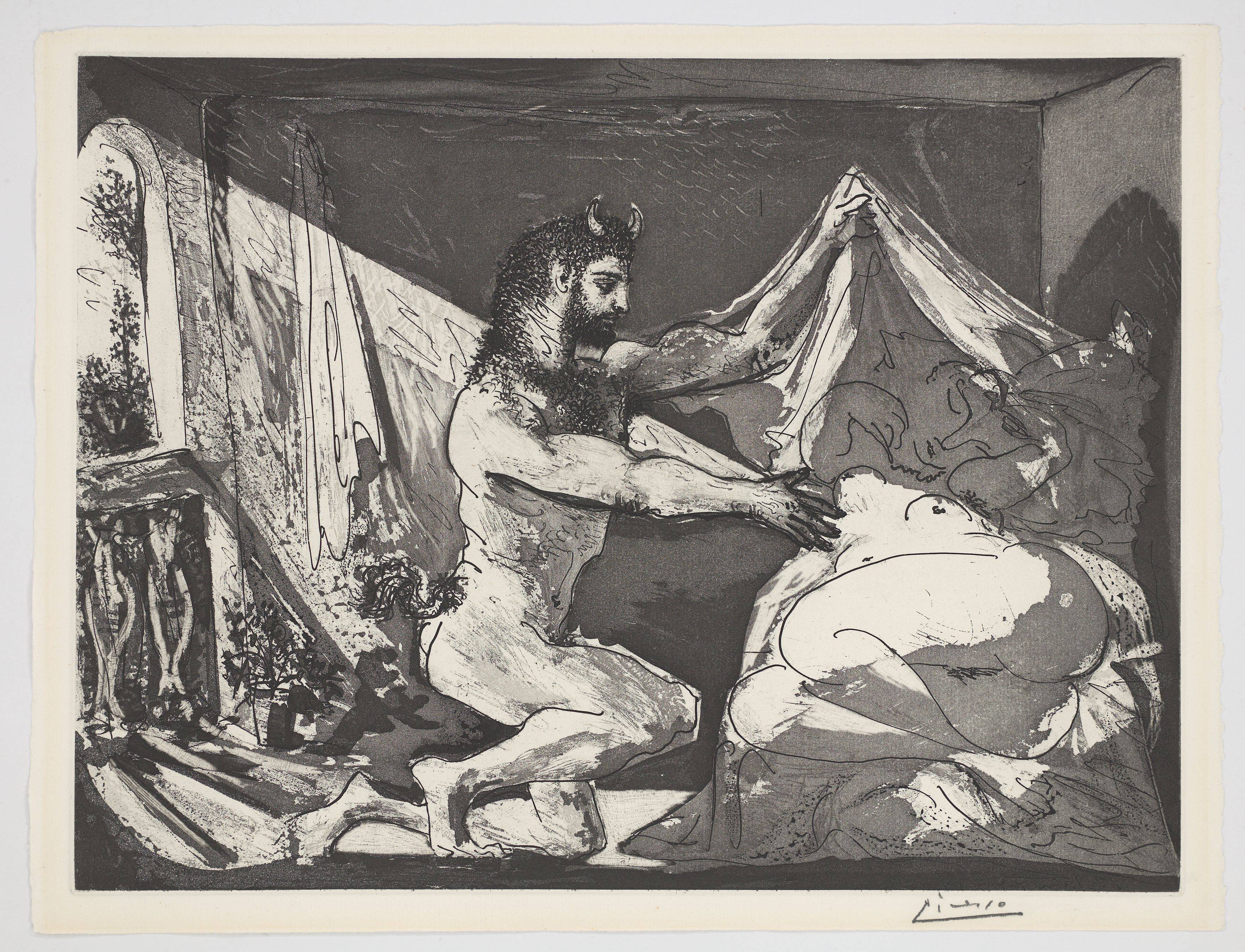 Auf diesem Bild ist das folgende Kunstwerk zu sehen: Pablo Picasso. „Faune dévoilant une dormeuse“. 1936.