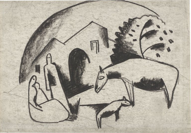 Auf diesem Bild ist das folgende Kunstwerk zu sehen: Béla Kádár. Familie mit Tieren. 1920er-Jahre.