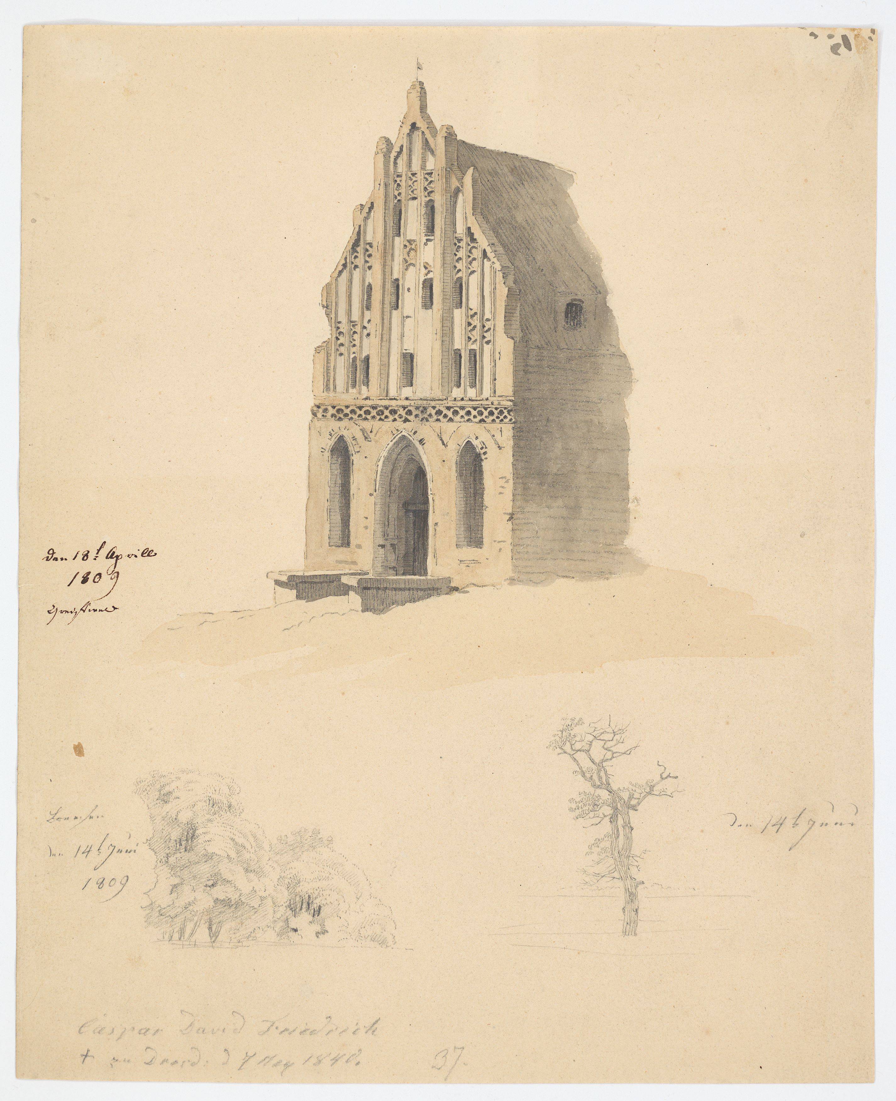 Auf diesem Bild ist das folgende Kunstwerk zu sehen: Caspar David Friedrich. Gotisches Backsteingebäude und kleine Baumstudien. 1809.