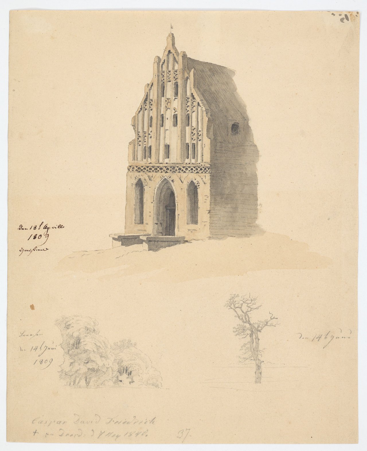 Auf diesem Bild ist das folgende Kunstwerk zu sehen: Caspar David Friedrich. Gotisches Backsteingebäude und kleine Baumstudien. 1809.