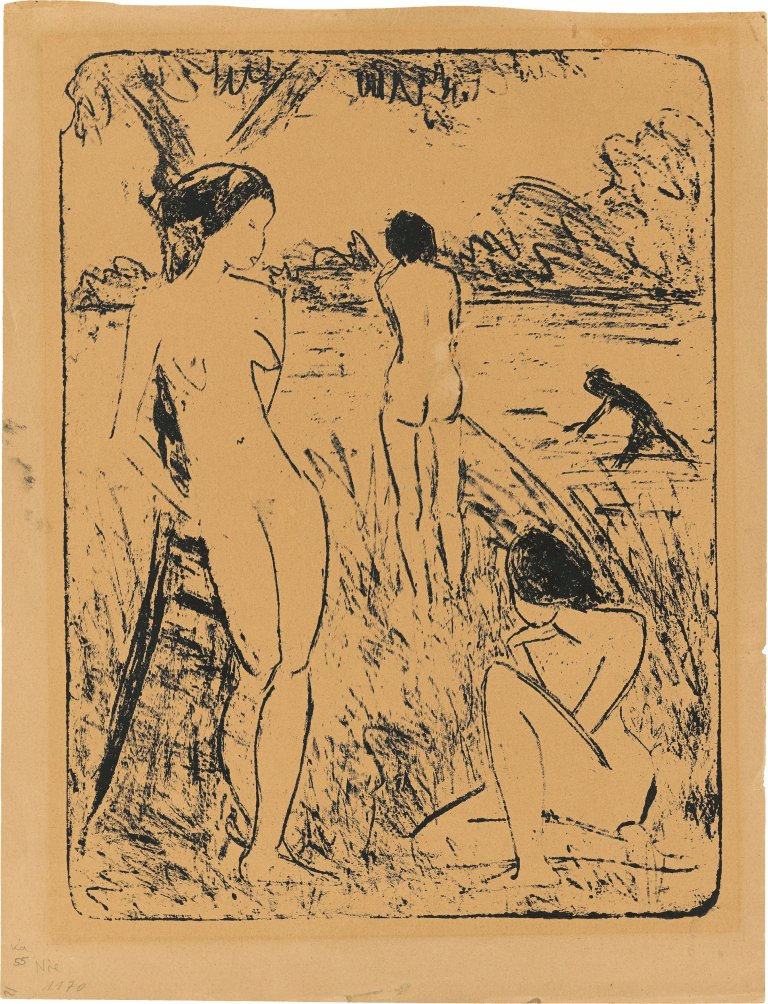This picture shows the following artwork: Otto Mueller. ”Ein am Baum stehendes, ein sitzendes und zwei badende Mädchen”. 1914–18.