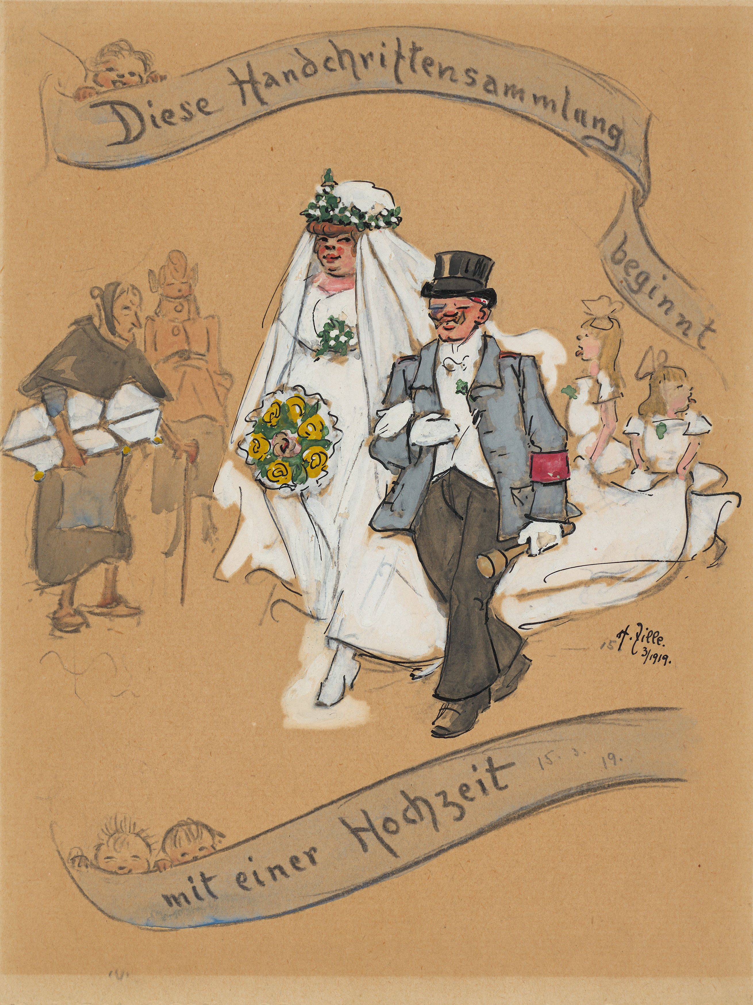 This picture shows the following artwork: Heinrich Zille. Cover for a wedding newspaper (Diese Handschriftensammlung beginnt mit einer Hochzeit). 1919.