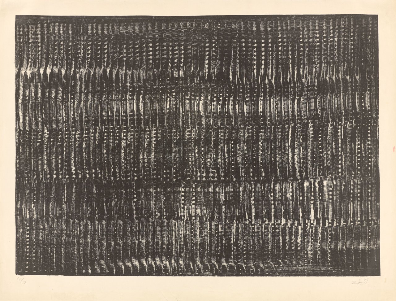 Auf diesem Bild ist das folgende Kunstwerk zu sehen: Heinz Mack. „Struktur in Schwarz (Vibration I)“. 1959.