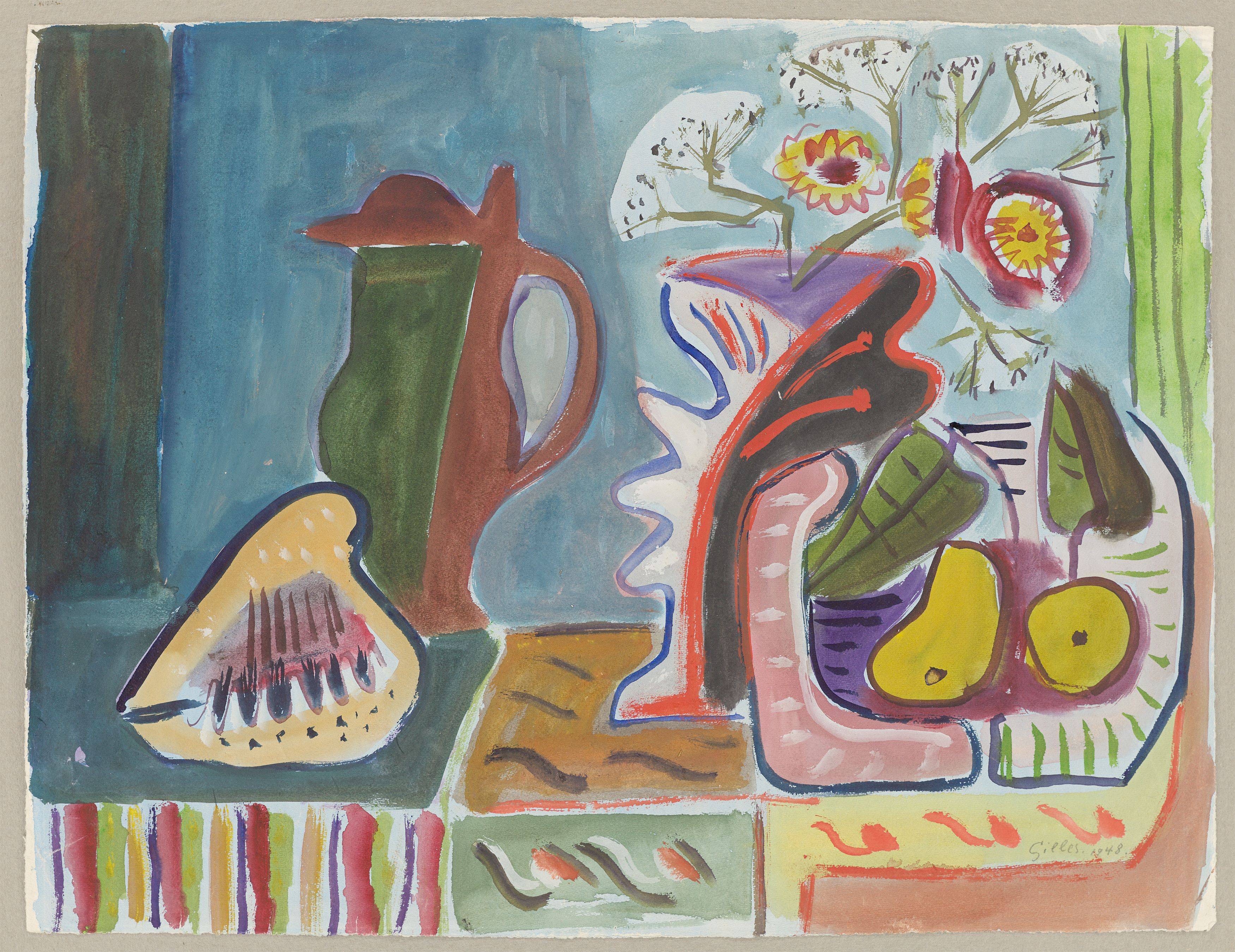 This picture shows the following artwork: Werner Gilles. Still life with flowers, jug and shell. 1948.