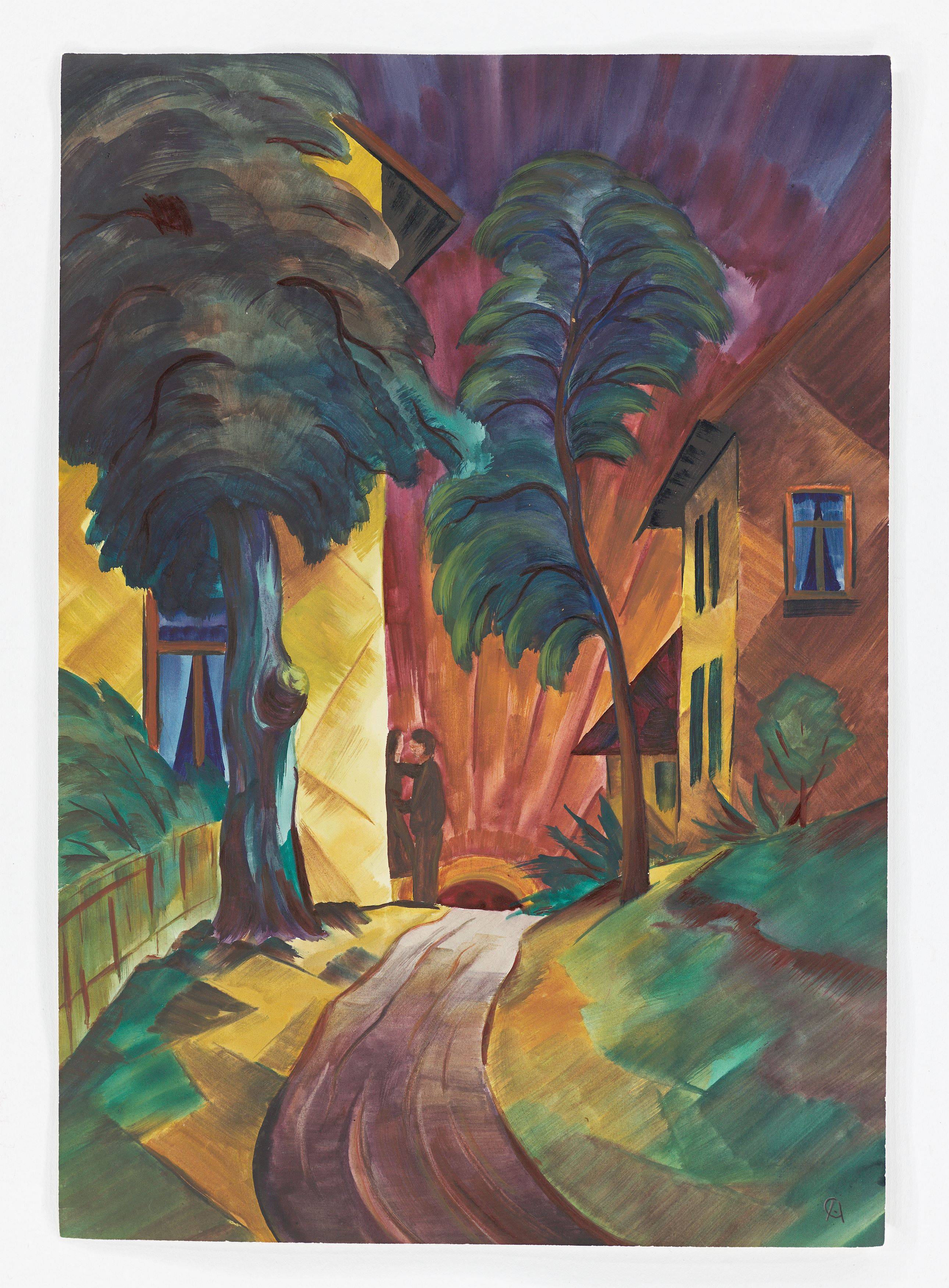 Auf diesem Bild ist das folgende Kunstwerk zu sehen: Christian Arnold. „Liebespaar (Weg zwischen Bäumen und Häusern)“. 1922/23.