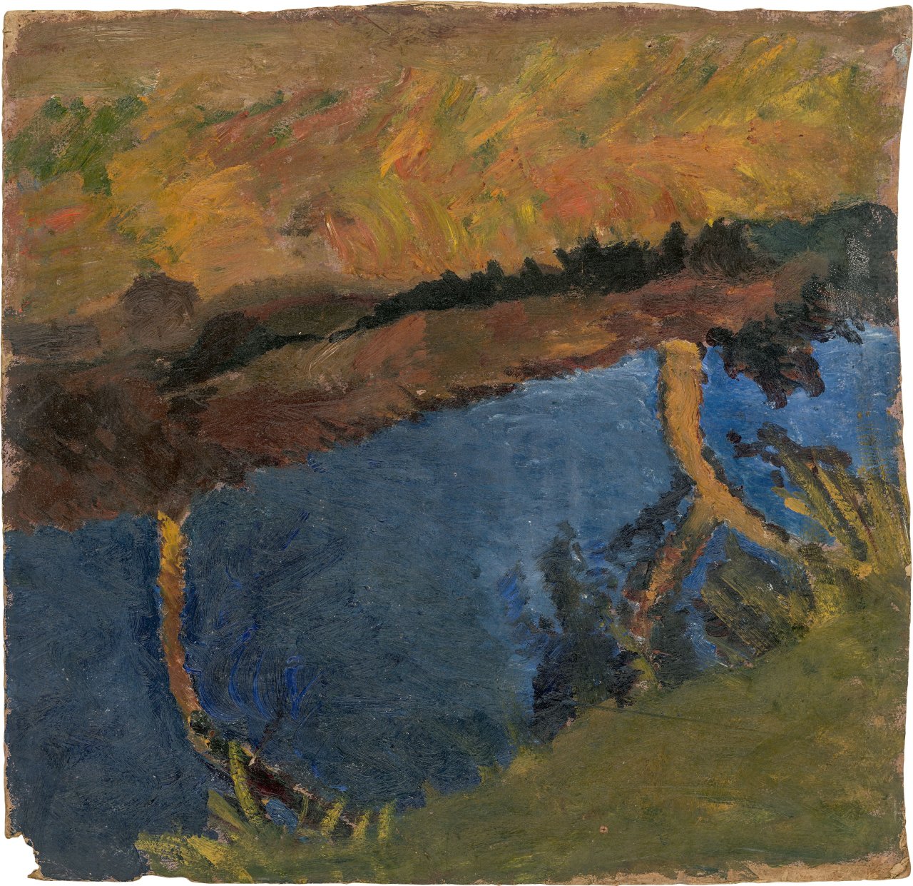 Auf diesem Bild ist das folgende Kunstwerk zu sehen: Paula Modersohn-Becker. „Moorgraben mit sich spiegelnden Bäumen“. Um 1900.